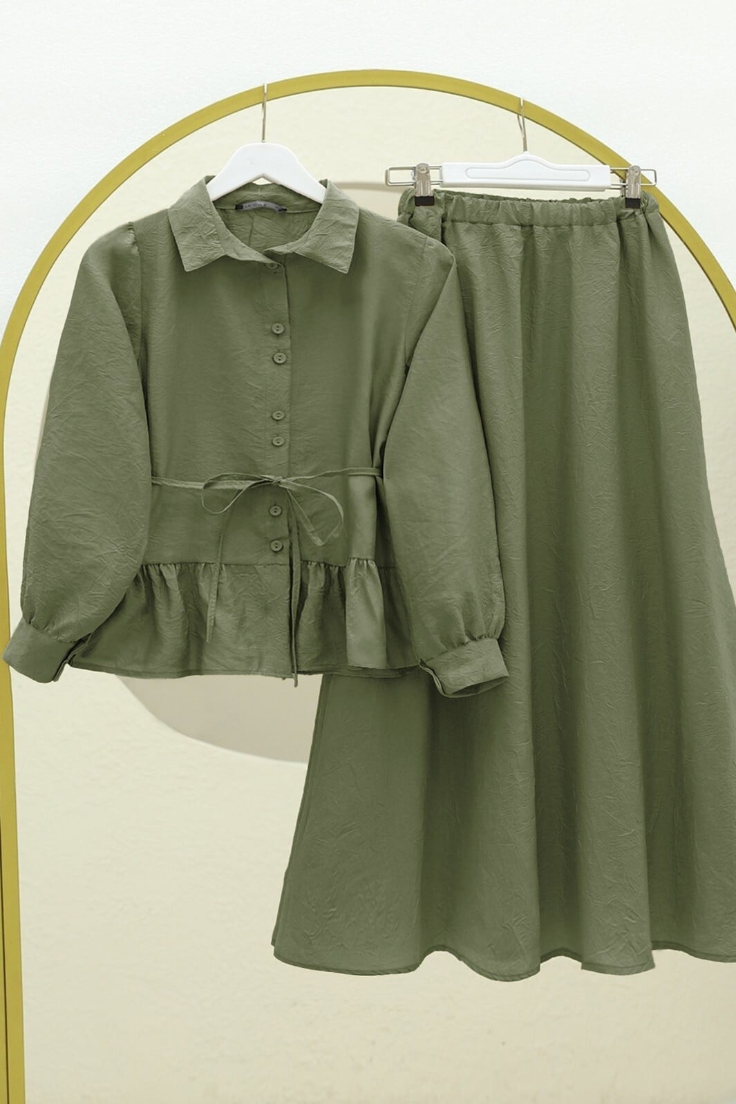 Ruffled Hem Belted Satin Two-Piece Set in Olive Green - Podyumplus - by Peralane