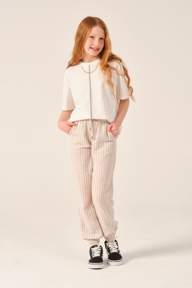 Girls' Striped Jogger Pants with Matching T-Shirt - Beige - 8-15Y - Jazziee - by Peralane