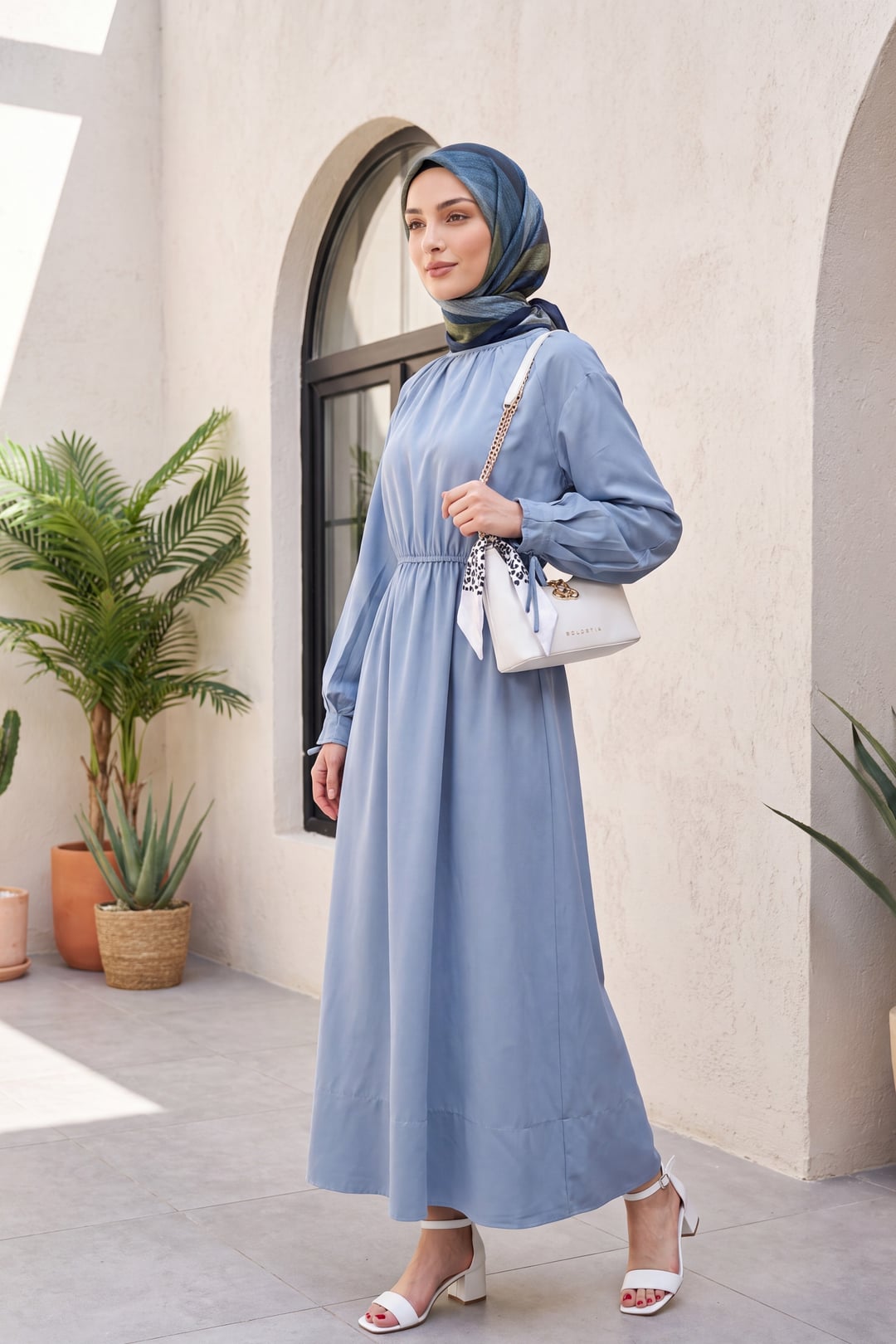Tie Detail Elasticated Waist Poplin Dress - Blue - Podyumplus - by Peralane - photo 3
