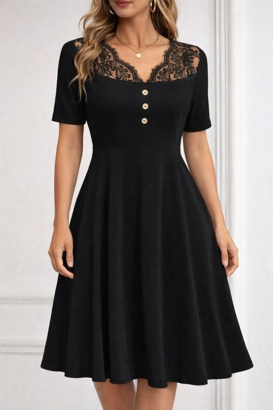 Women's Short Sleeve Lace V-Neck Buttoned Crepe Dress - Janes - by Peralane