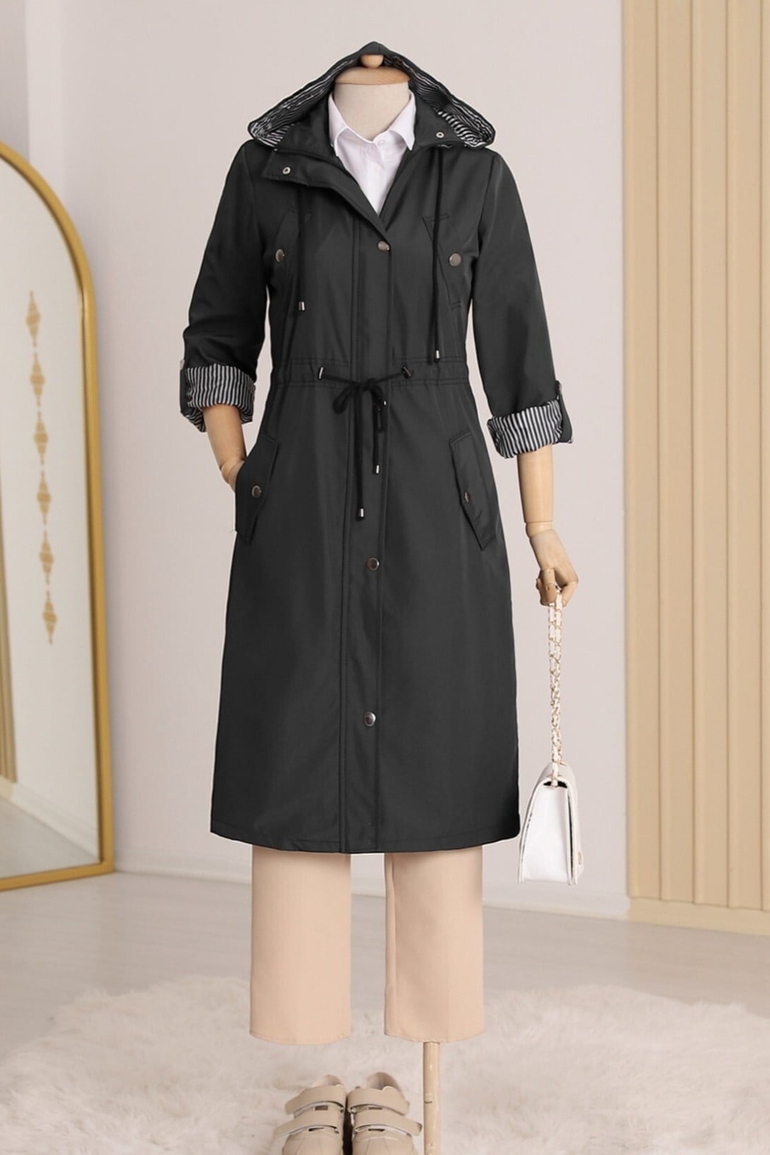 Striped Lined Trench Coat - Black - Podyumplus - by Peralane - photo 5