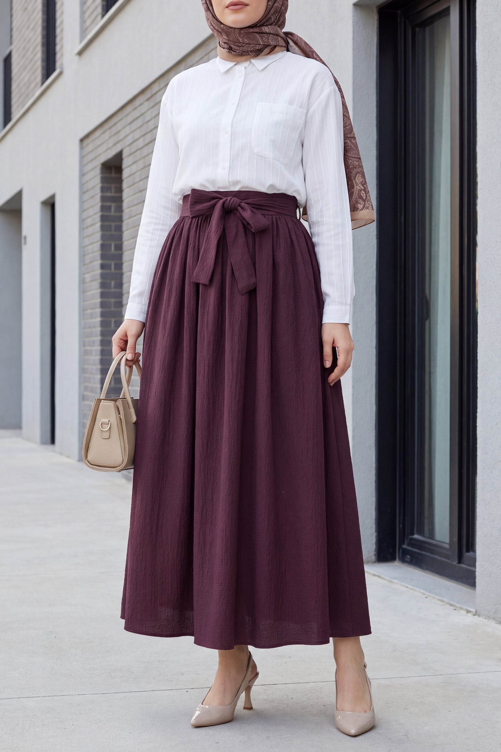 Pleated Belted Parachute Skirt - Deep Plum - Podyumplus - by Peralane