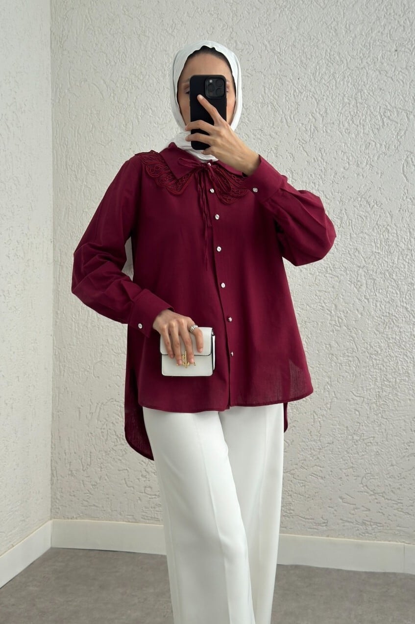 Collar Detail Long Back Button-Up Shirt - Berry Red - Podyumplus - by Peralane - photo 2