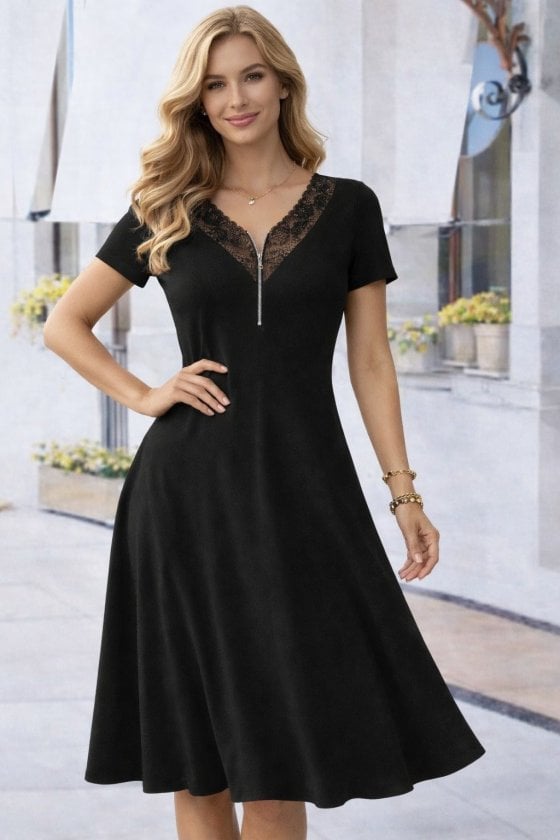 Women's Short-Sleeved V-Neck Lace Trim Viscose Dress - Janes - by Peralane - photo 3