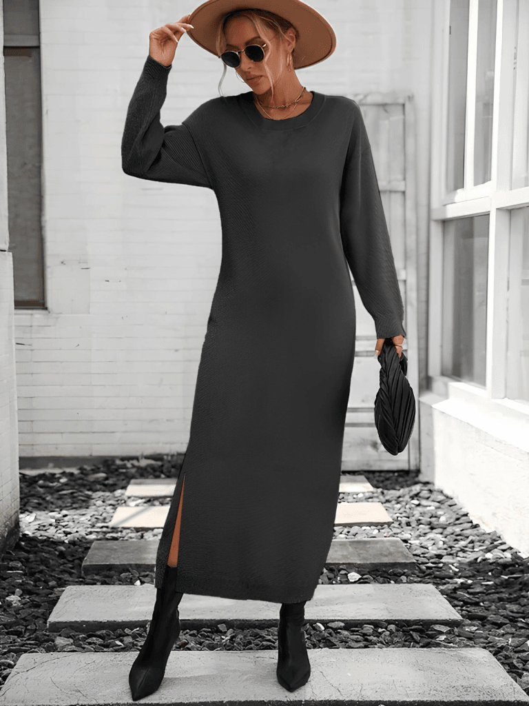 Women's Long Sleeve Crew Neck Slit Detail Knit Midi Dress - Janes - by Peralane - photo 3