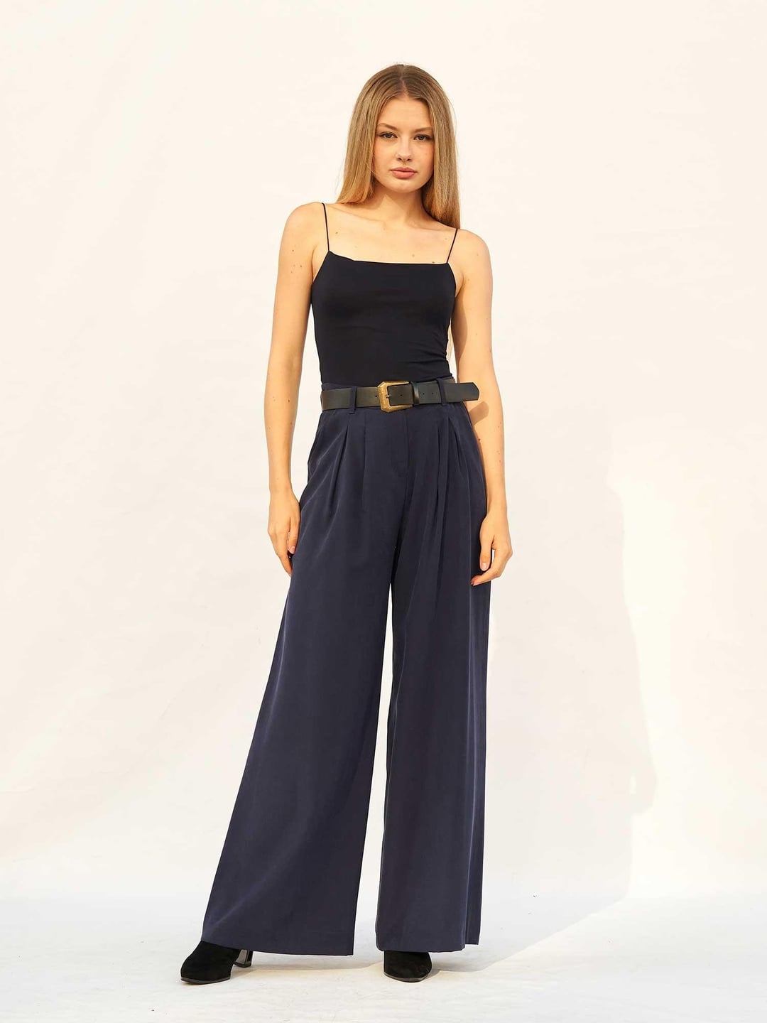 Navy Blue Belted Pleated Palazzo Trousers - Lefon - by Peralane
