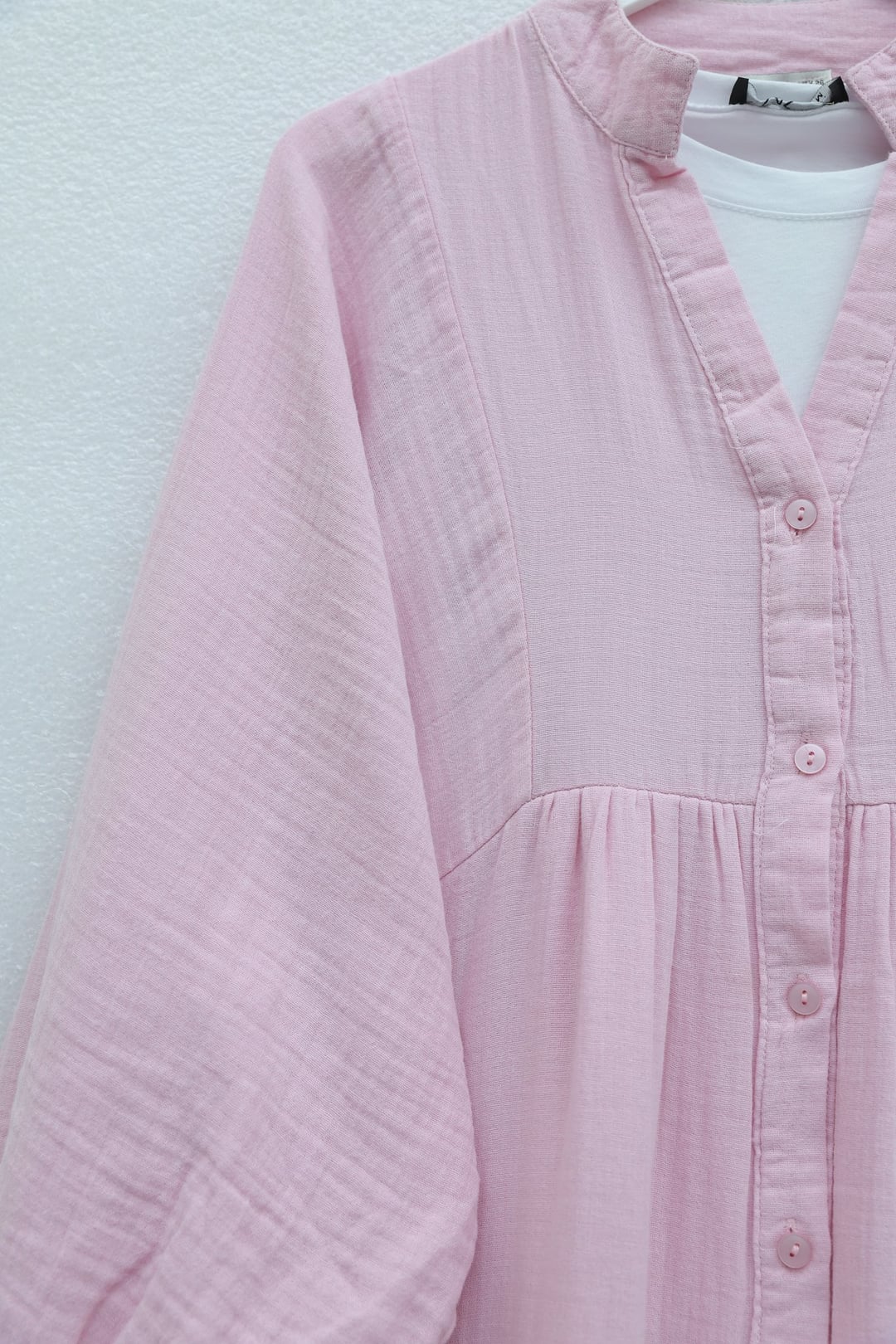 V-Neck Half Button Tiered Muslin Dress with Elasticated Cuffs - Pink - Podyumplus - by Peralane - photo 5