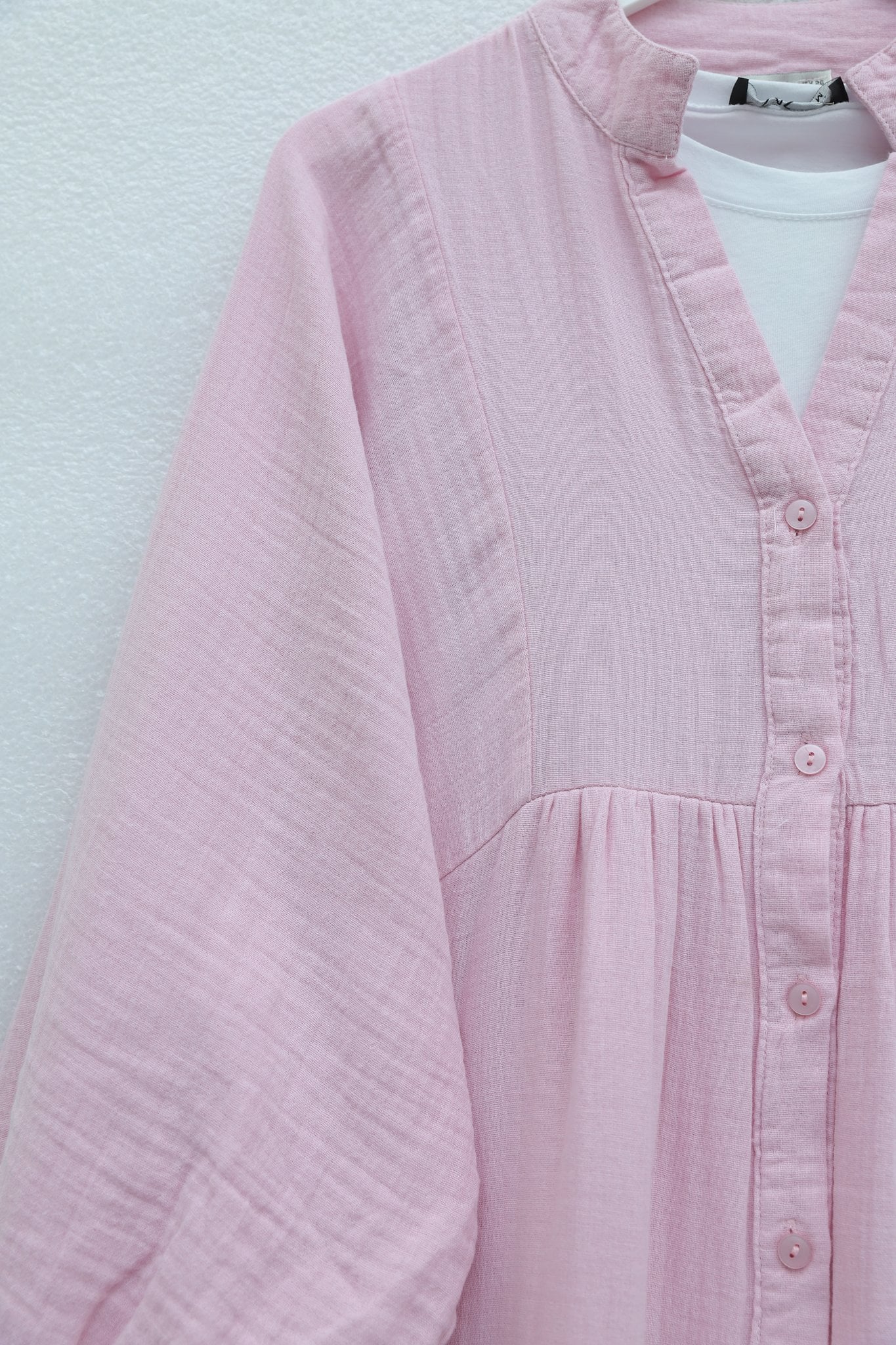 V-Neck Half Button Tiered Muslin Dress with Elasticated Cuffs - Pink - Podyumplus - by Peralane - photo 5