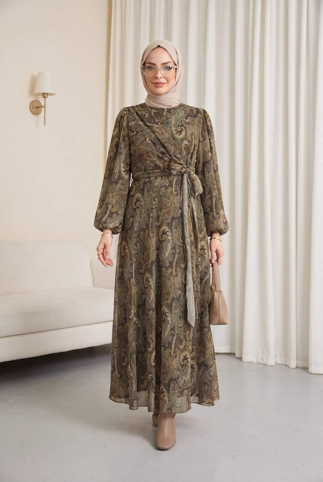 Wrap-Front Tie Belt Patterned Lined Chiffon Dress - Khaki - Podyumplus - by Peralane