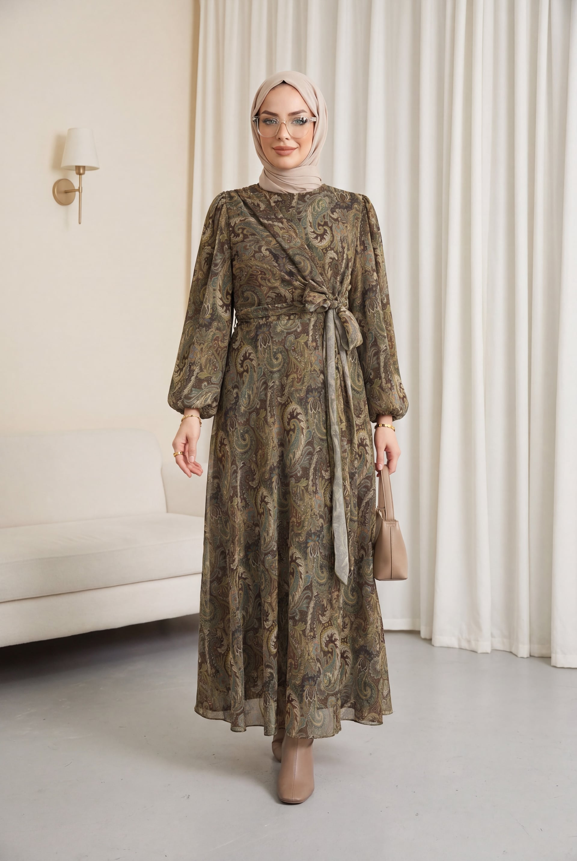 Wrap-Front Tie Belt Patterned Lined Chiffon Dress - Khaki - Podyumplus - by Peralane
