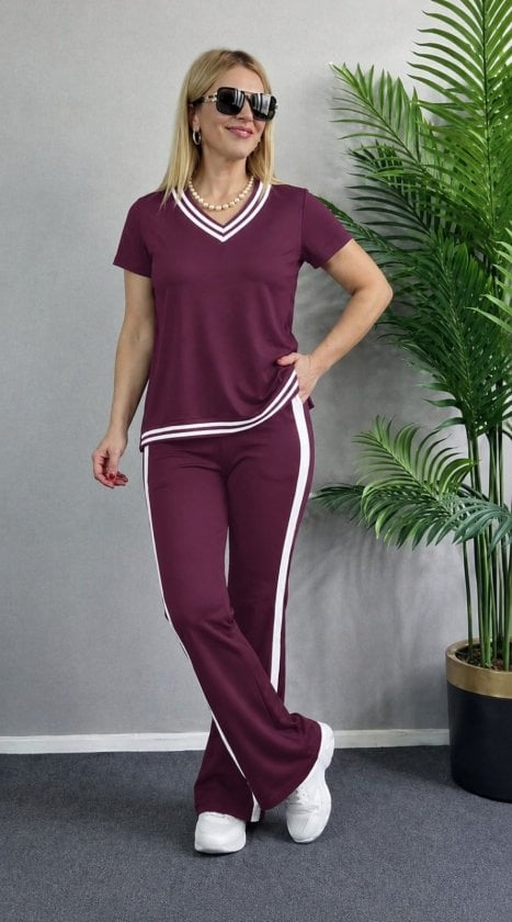 Women's Burgundy V-Neck Short-Sleeve Top and Flared Trousers Tracksuit Set - Janes - by Peralane - photo 3
