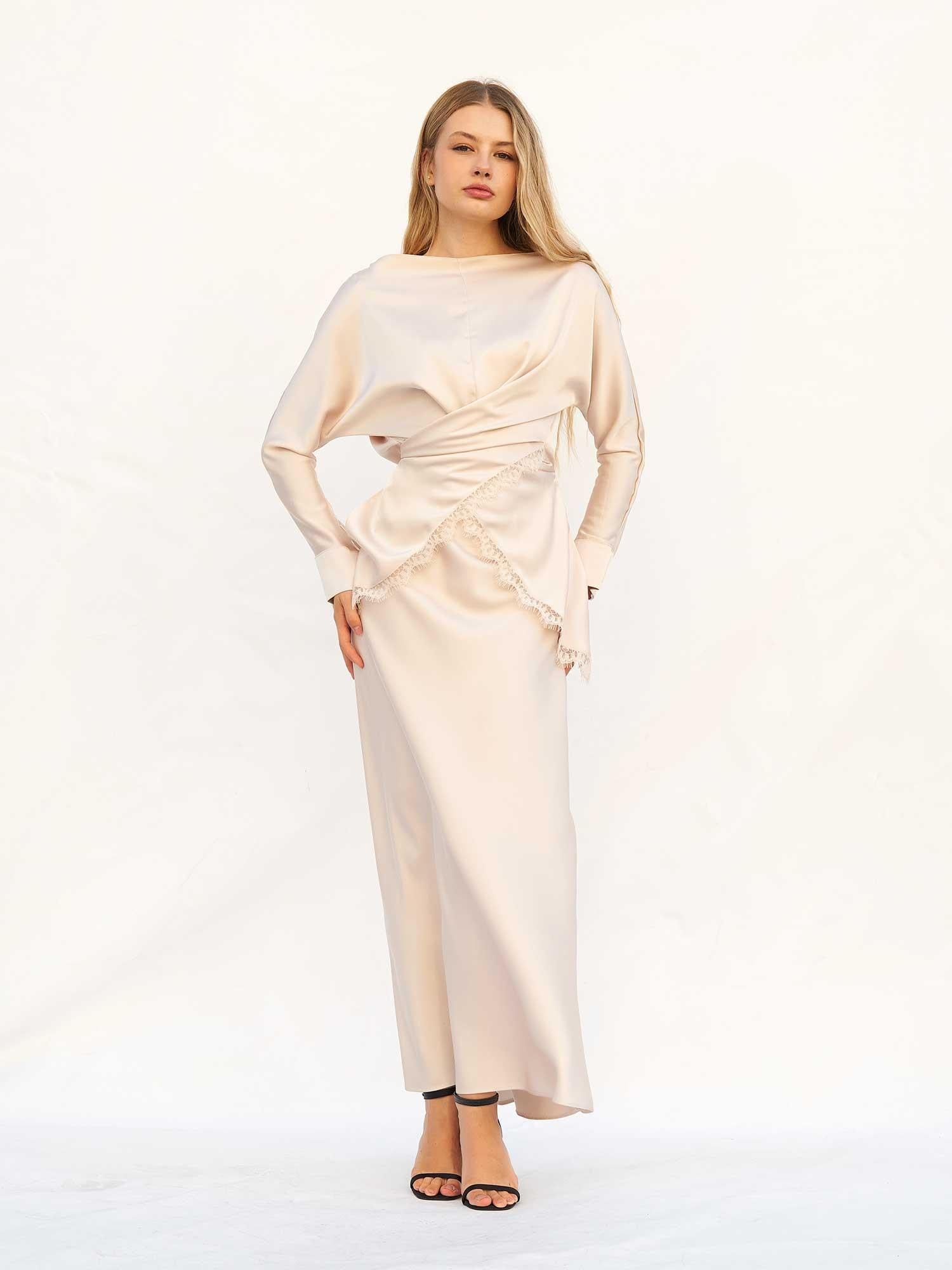 Satin Wrap-Style Top and Skirt Set with Lace Trim - Lefon - by Peralane