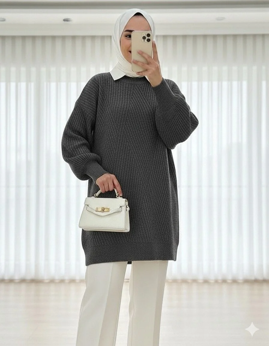 Crew Neck Chevron Pattern Knit Tunic - Smoky Grey - Podyumplus - by Peralane - photo 2