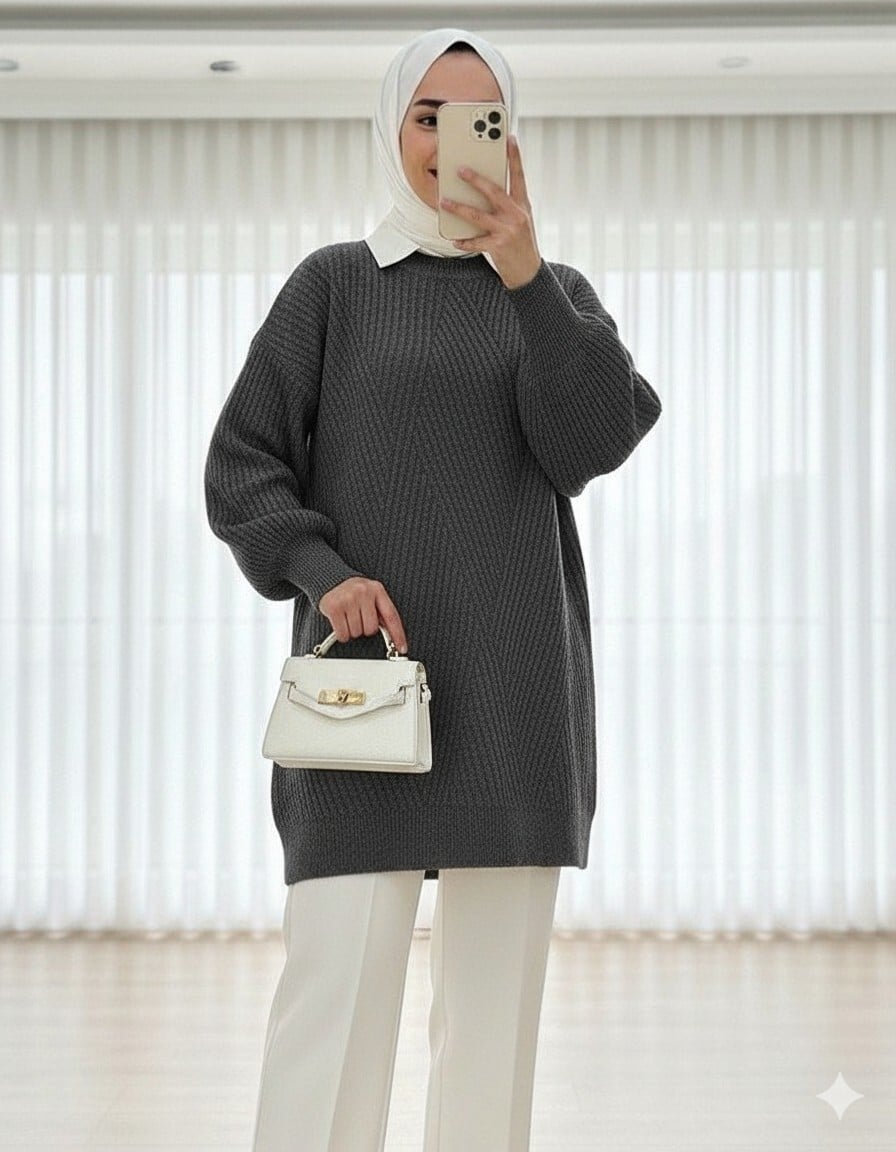 Crew Neck Chevron Pattern Knit Tunic - Smoky Grey - Podyumplus - by Peralane - photo 2