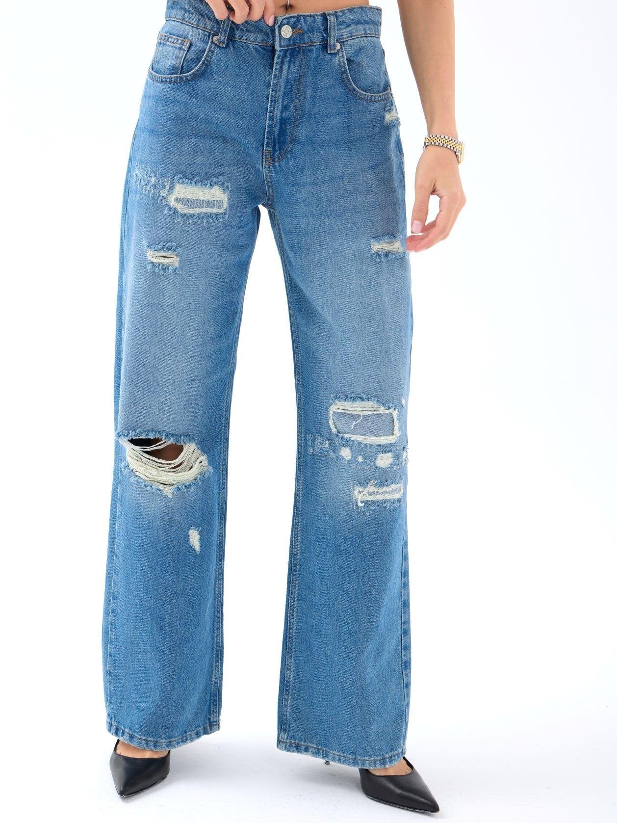 Women's High Waist Wide Leg Distressed Blue Denim Jeans - Fame - by Peralane - photo 4