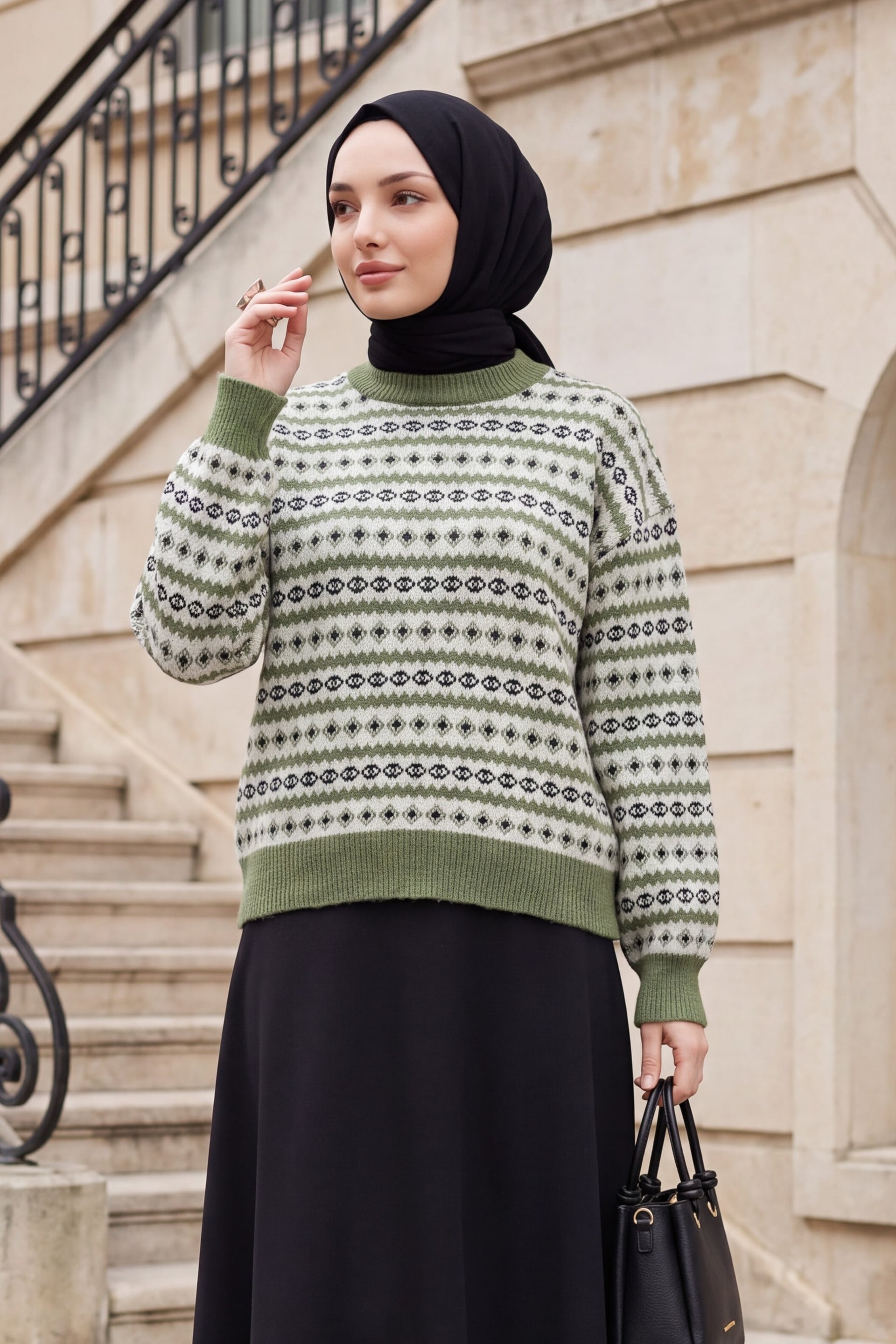 Crew Neck Patterned Jacquard Knit Sweater - Khaki - Podyumplus - by Peralane - photo 4