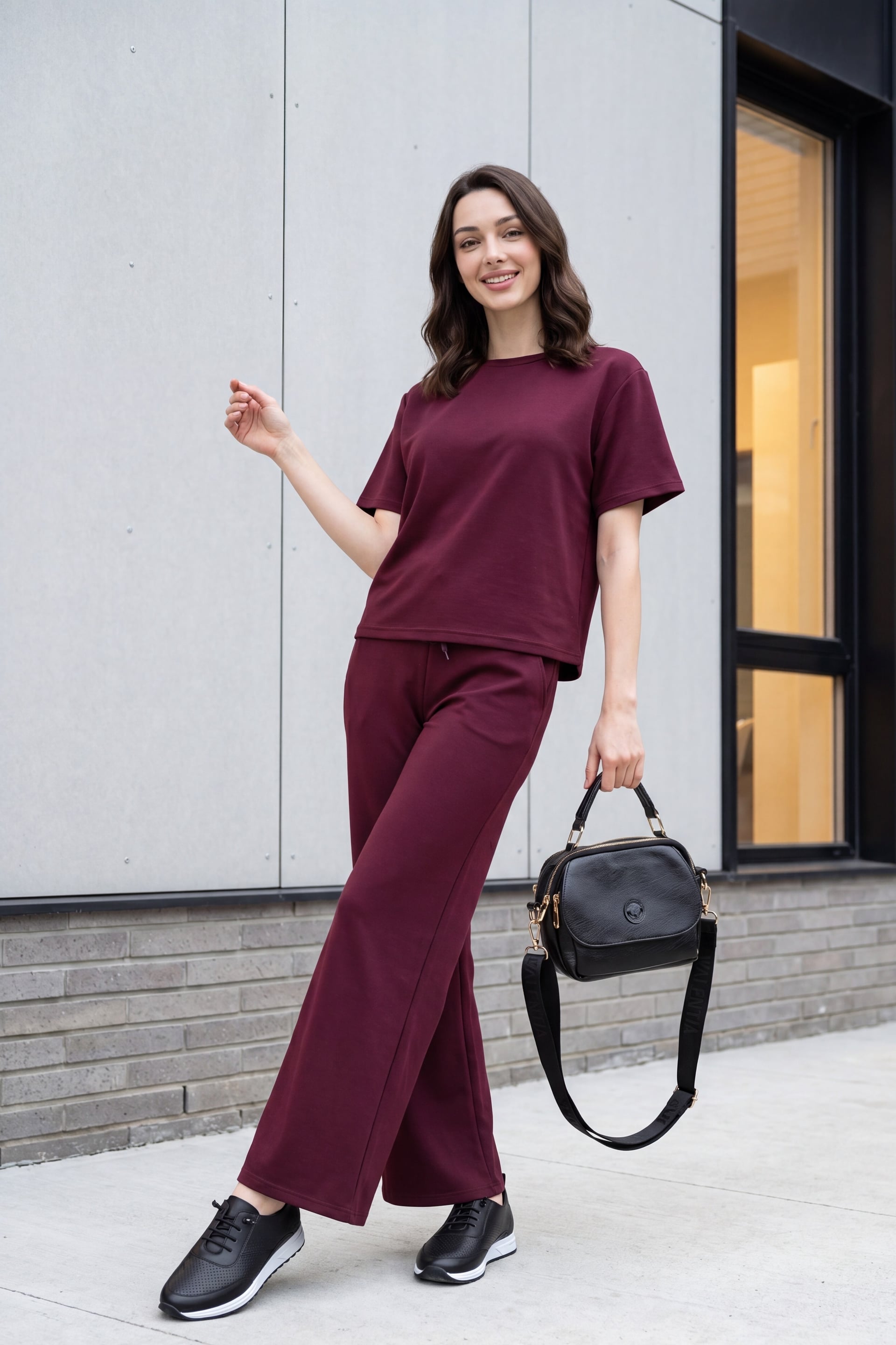Burgundy Two-Piece Set with Crew Neck T-Shirt and Drawstring Wide-Leg Trousers - Podyumplus - by Peralane - photo 2