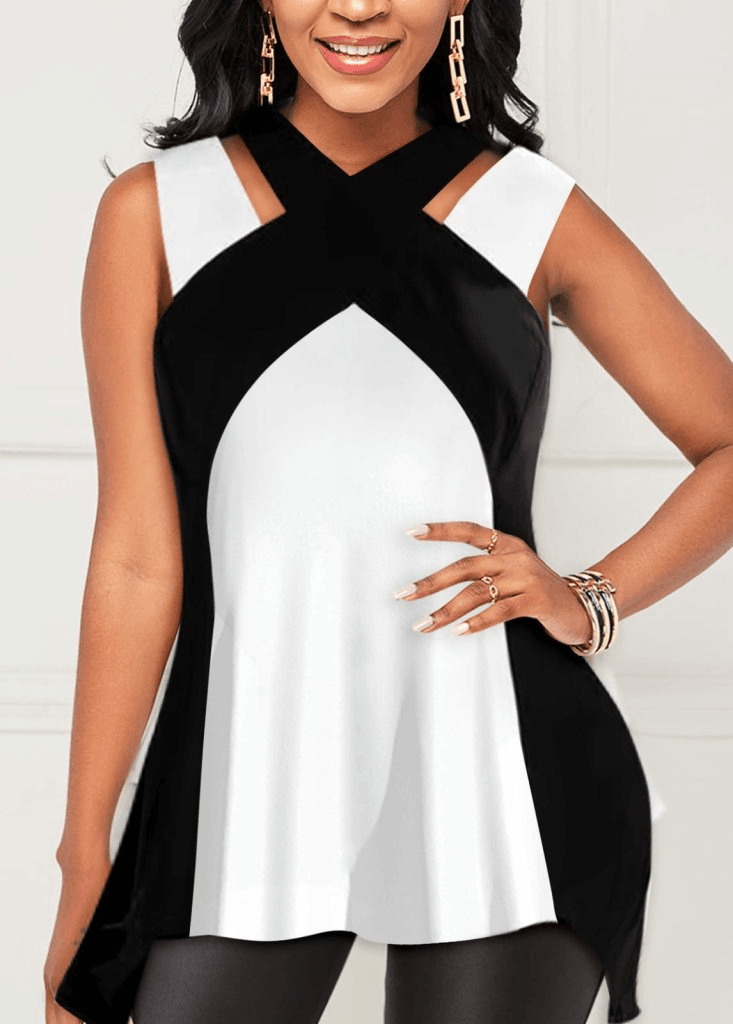 Women's Sleeveless Halter Neck Two-Tone Viscose Top - Janes - by Peralane