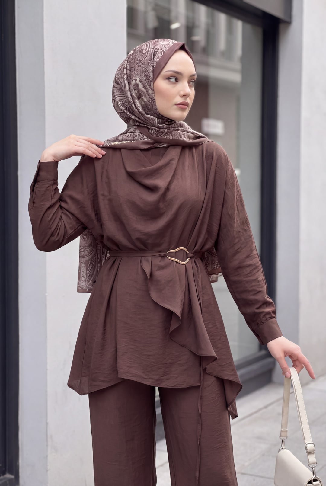Asymmetric Cut Belted Cupro Two-Piece Set - Brown - Podyumplus - by Peralane - photo 4