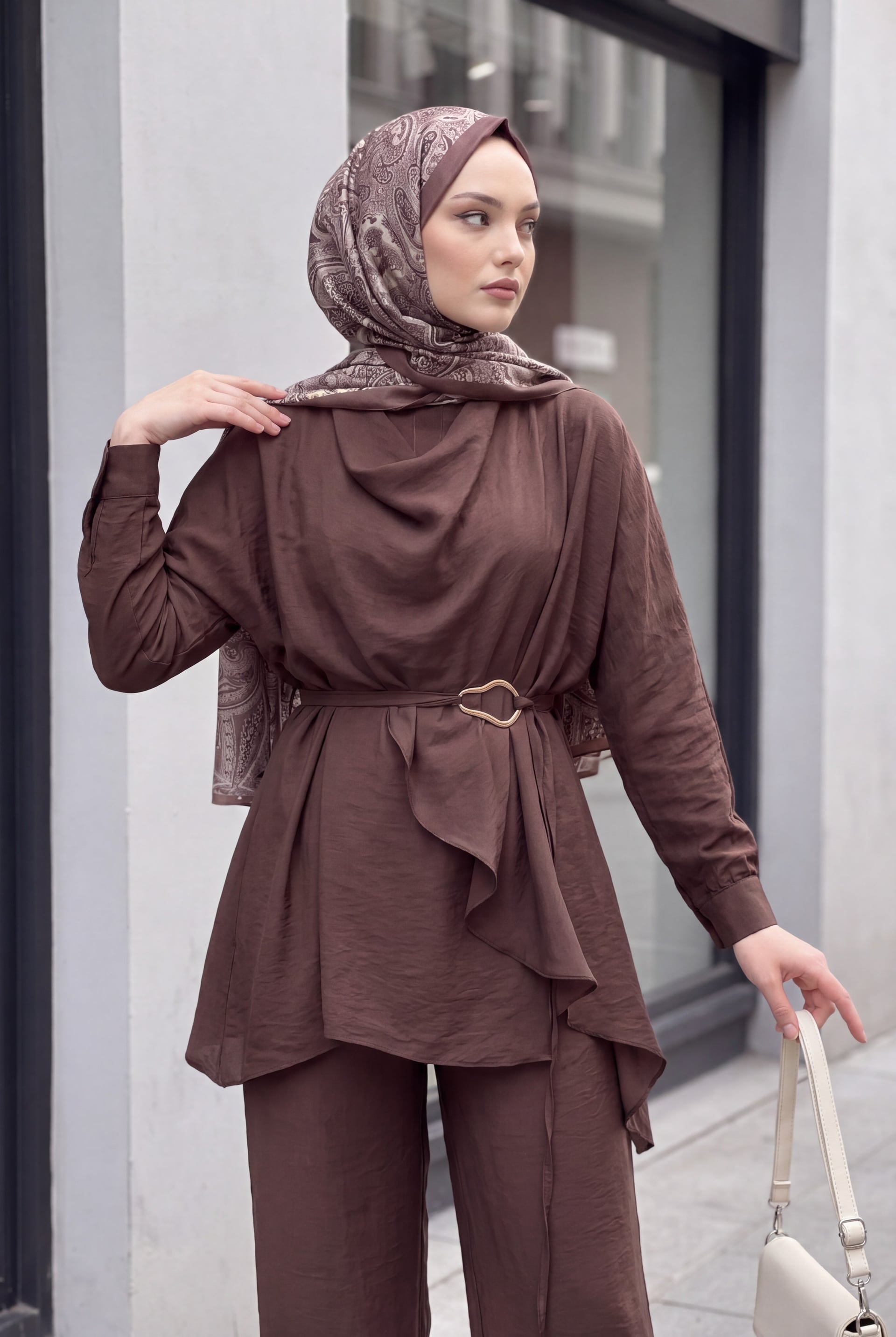 Asymmetric Cut Belted Cupro Two-Piece Set - Brown - Podyumplus - by Peralane - photo 4