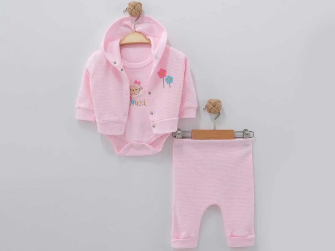 Pink Baby Girl Knit Set with Sheep Embroidery Bodysuit, Hooded Cardigan, and Pants - Nayinom - by Peralane