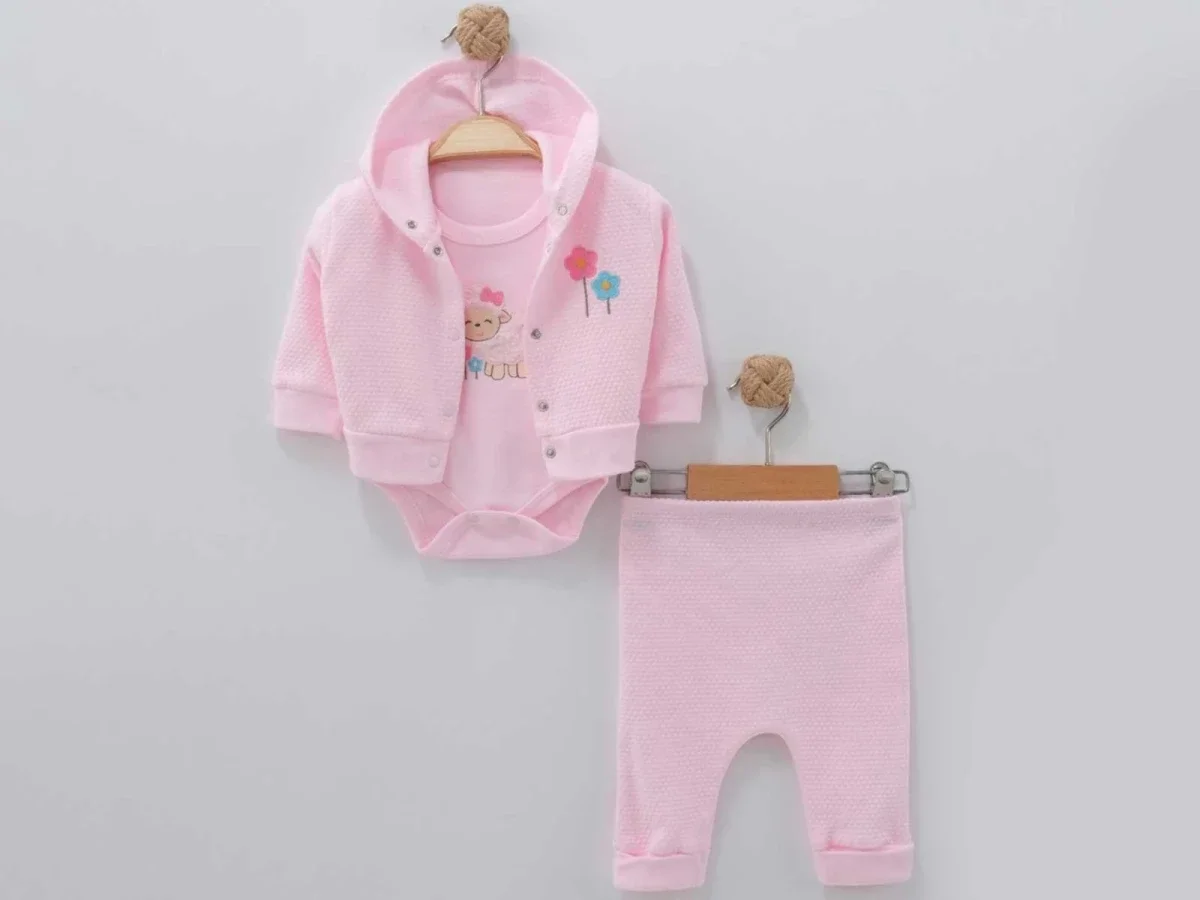 Pink Baby Girl Knit Set with Sheep Embroidery Bodysuit, Hooded Cardigan, and Pants - Nayinom - by Peralane