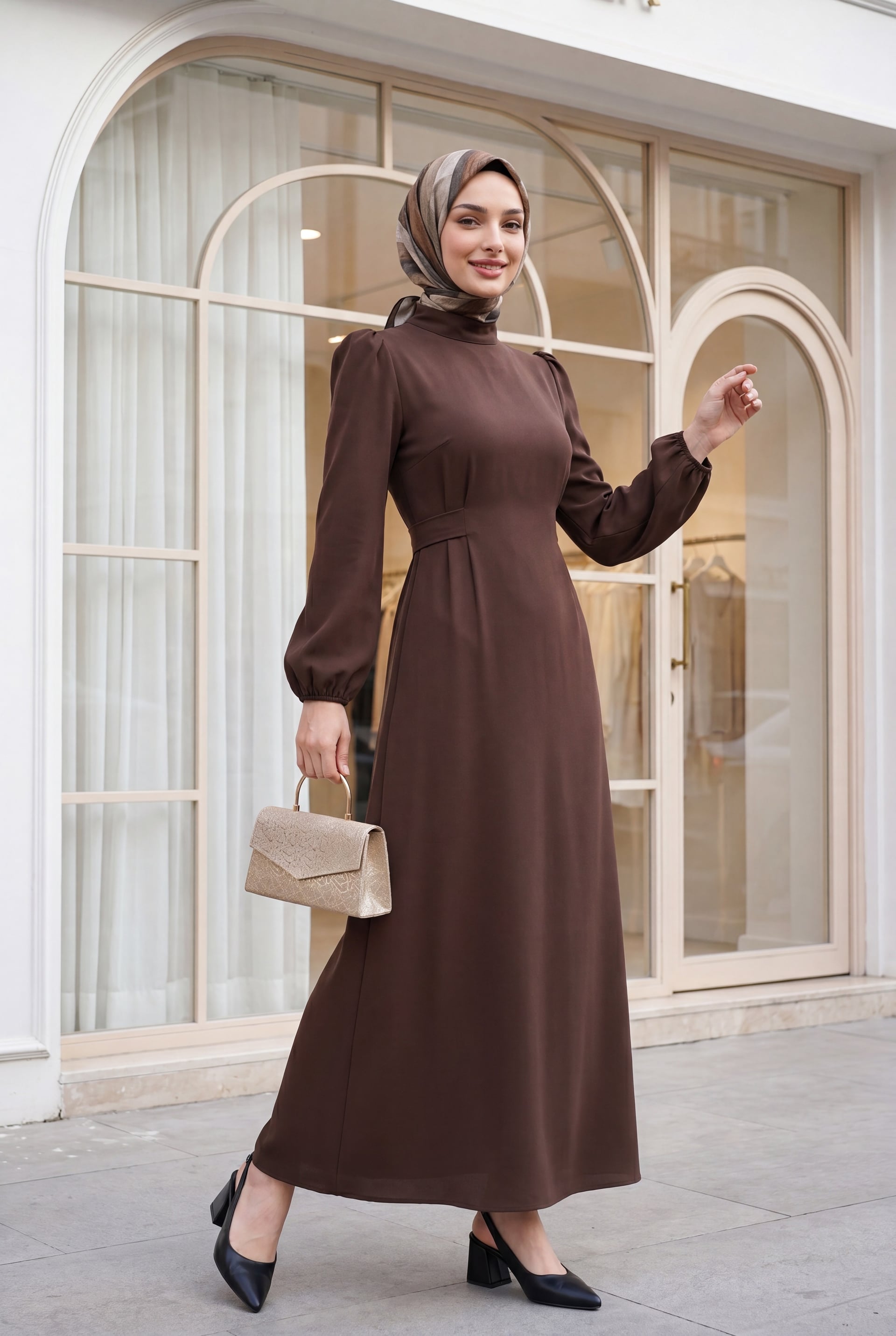 Mandarin Collar Belted Dress - Brown - Podyumplus - by Peralane - photo 4