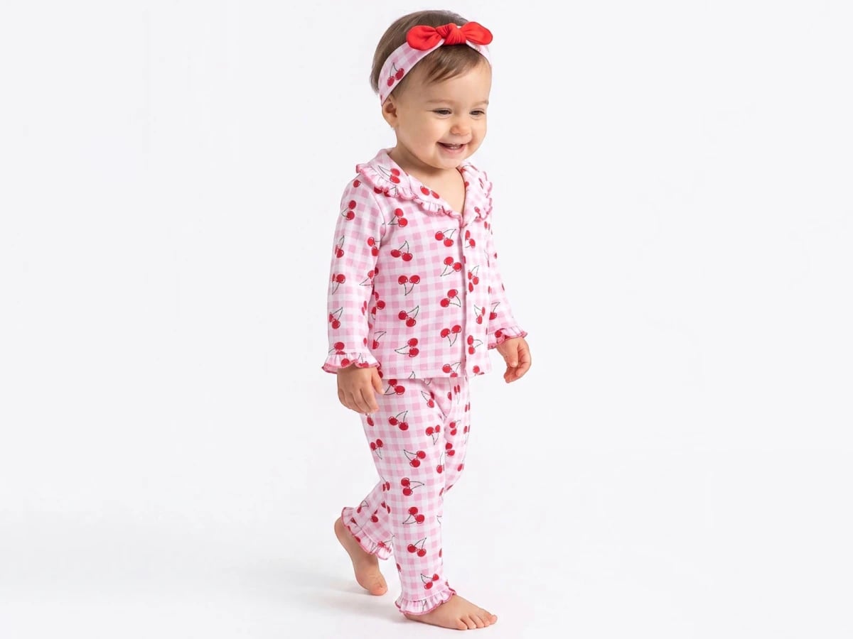Girls' Baby Pyjama Set - Pink Gingham with Cherry Print - Dolas - by Peralane