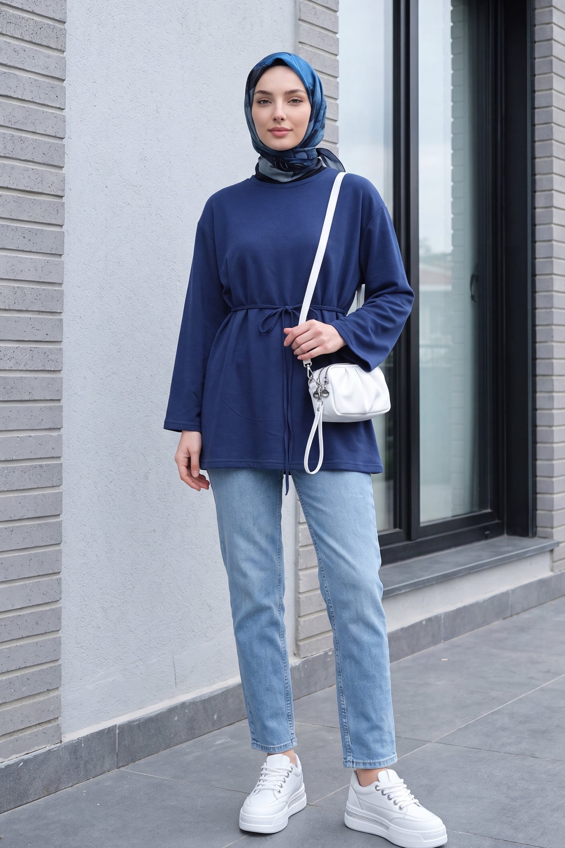Women's Round Neck Tie-Waist Jersey Tunic - Navy - Podyumplus - by Peralane - photo 5