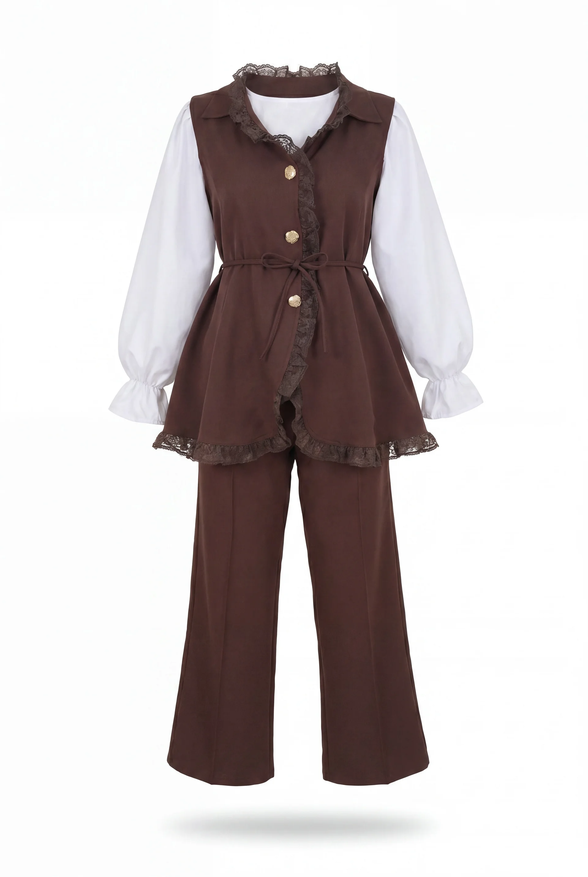 Lace Detail Belted Vest Wide-Leg Trouser Co-ord Set in Brown - Podyumplus - by Peralane - photo 4