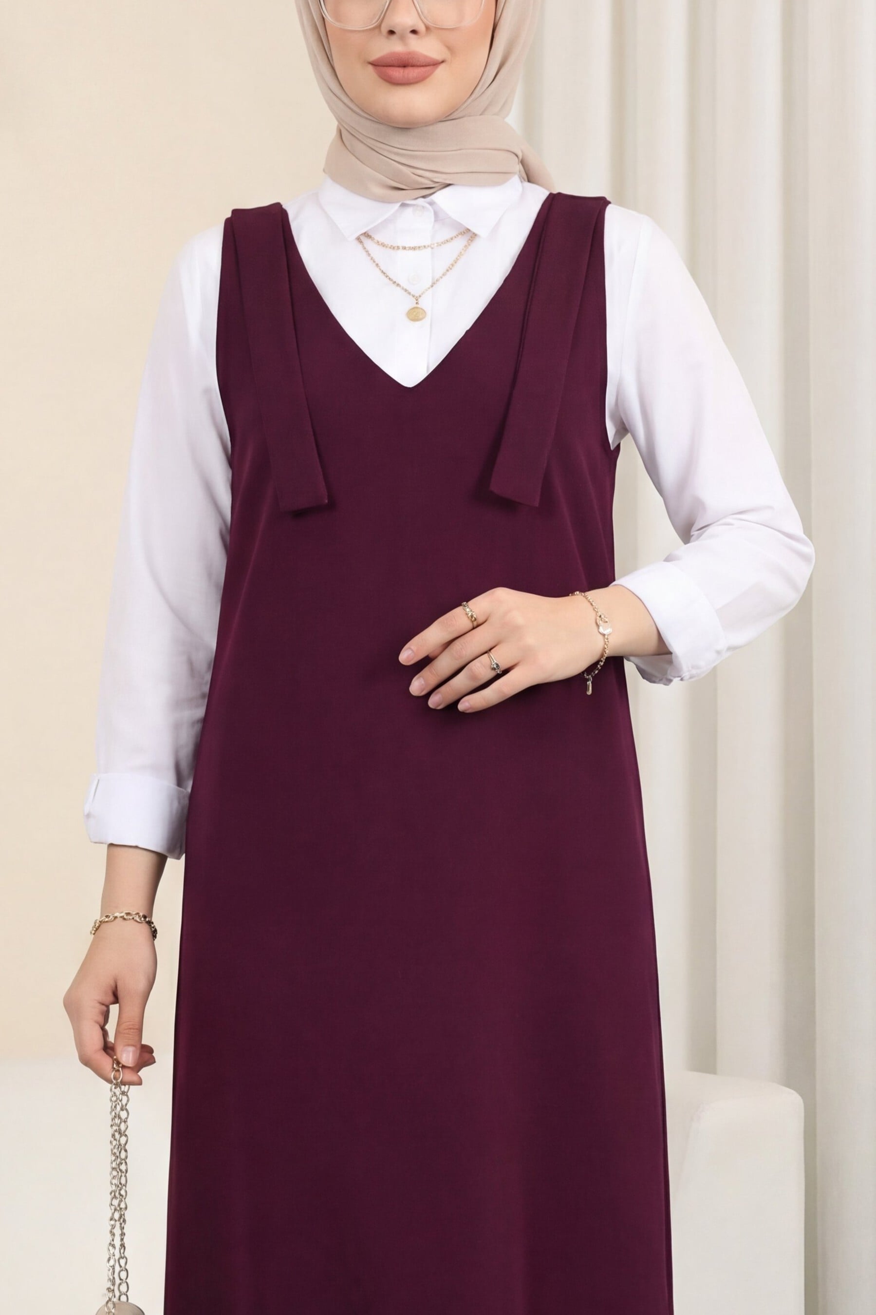 Long Sleeveless Modest Vest Dress with Tie Shoulders - Burgundy - Podyumplus - by Peralane - photo 2