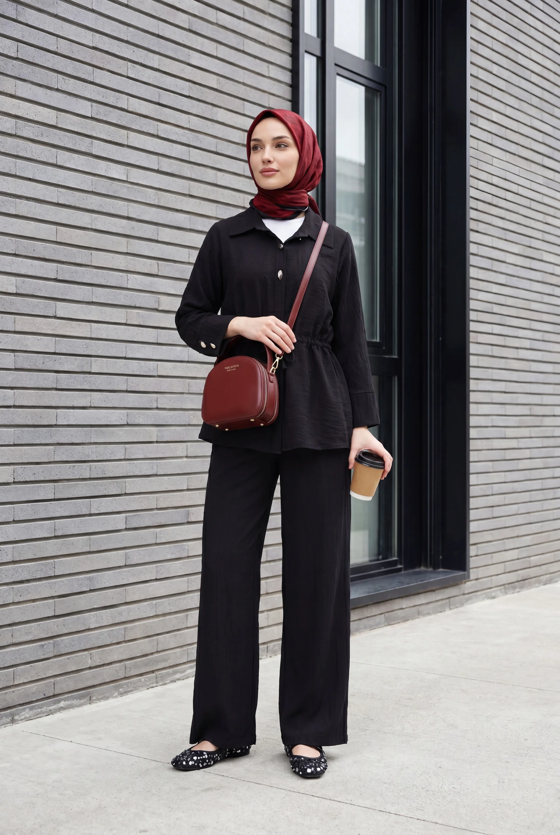 Cotton Crinkle Two-Piece Set with Tunnel Lace-Up Waist Pants - Black - Podyumplus - by Peralane - photo 2