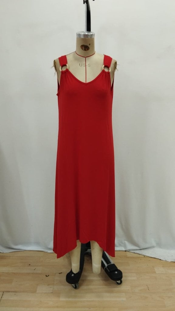 Women's Red V-Neck Spaghetti Strap Midi Dress with Ring Details - Janes - by Peralane - photo 4