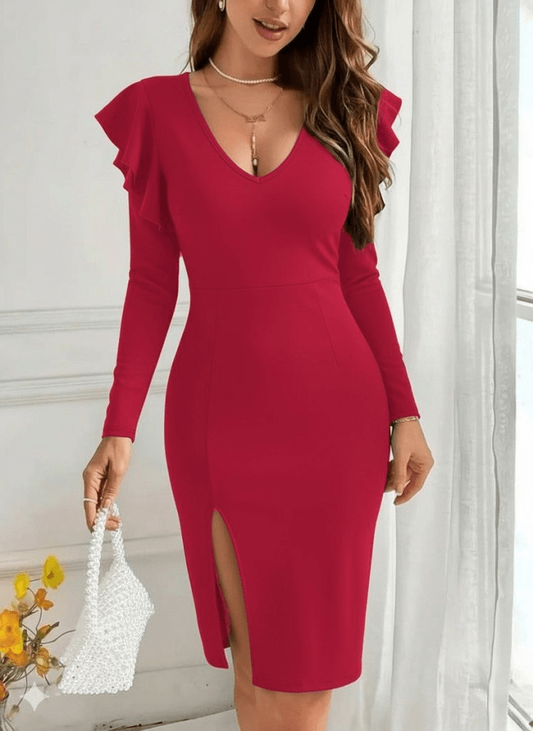 Women's Long Sleeve V-Neck Side Slit Midi Imported Crepe Dress - Janes - by Peralane - photo 3