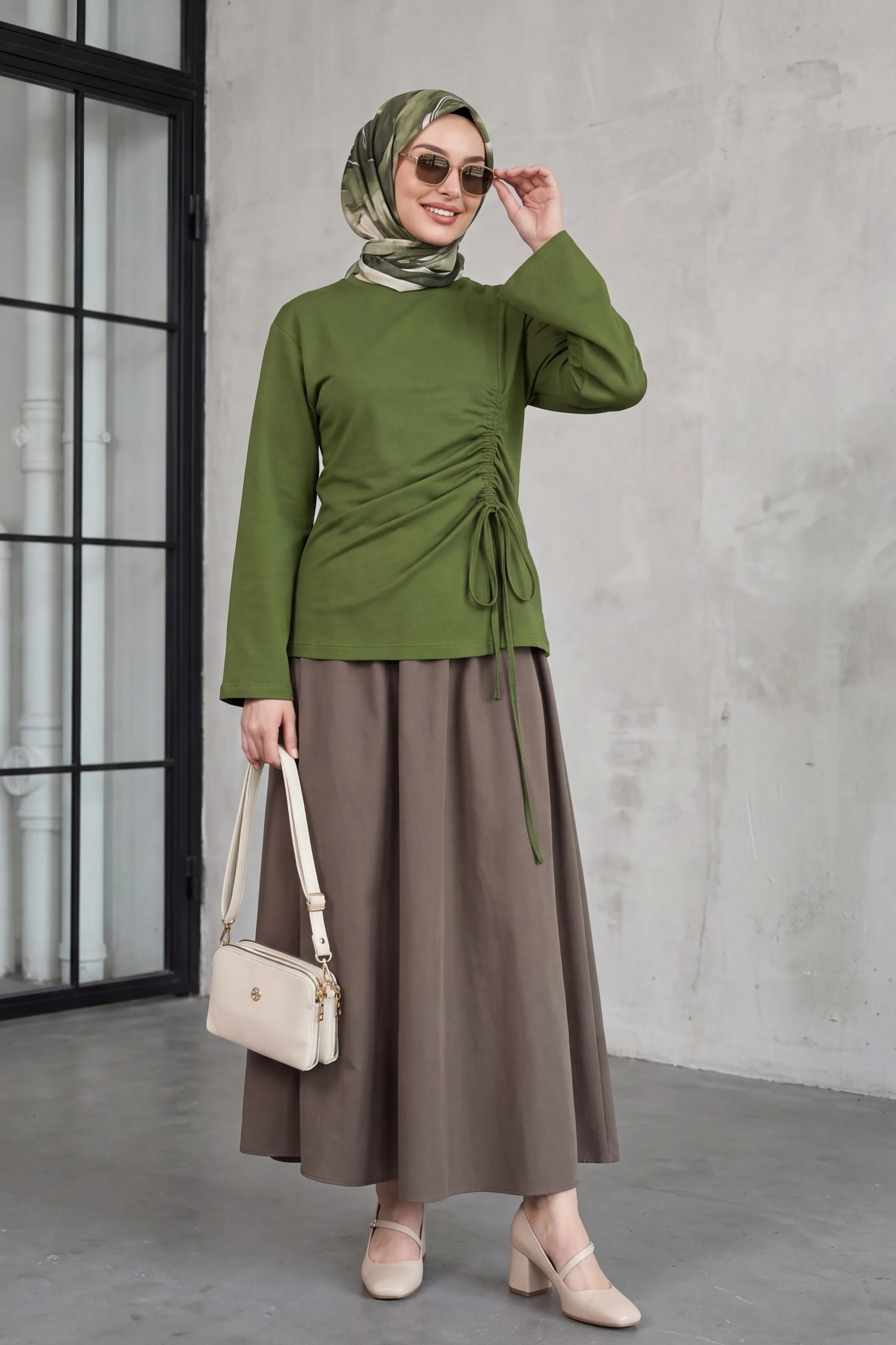 Elastic Waist Double Pocket Poplin Skirt - Light Brown - Podyumplus - by Peralane - photo 3