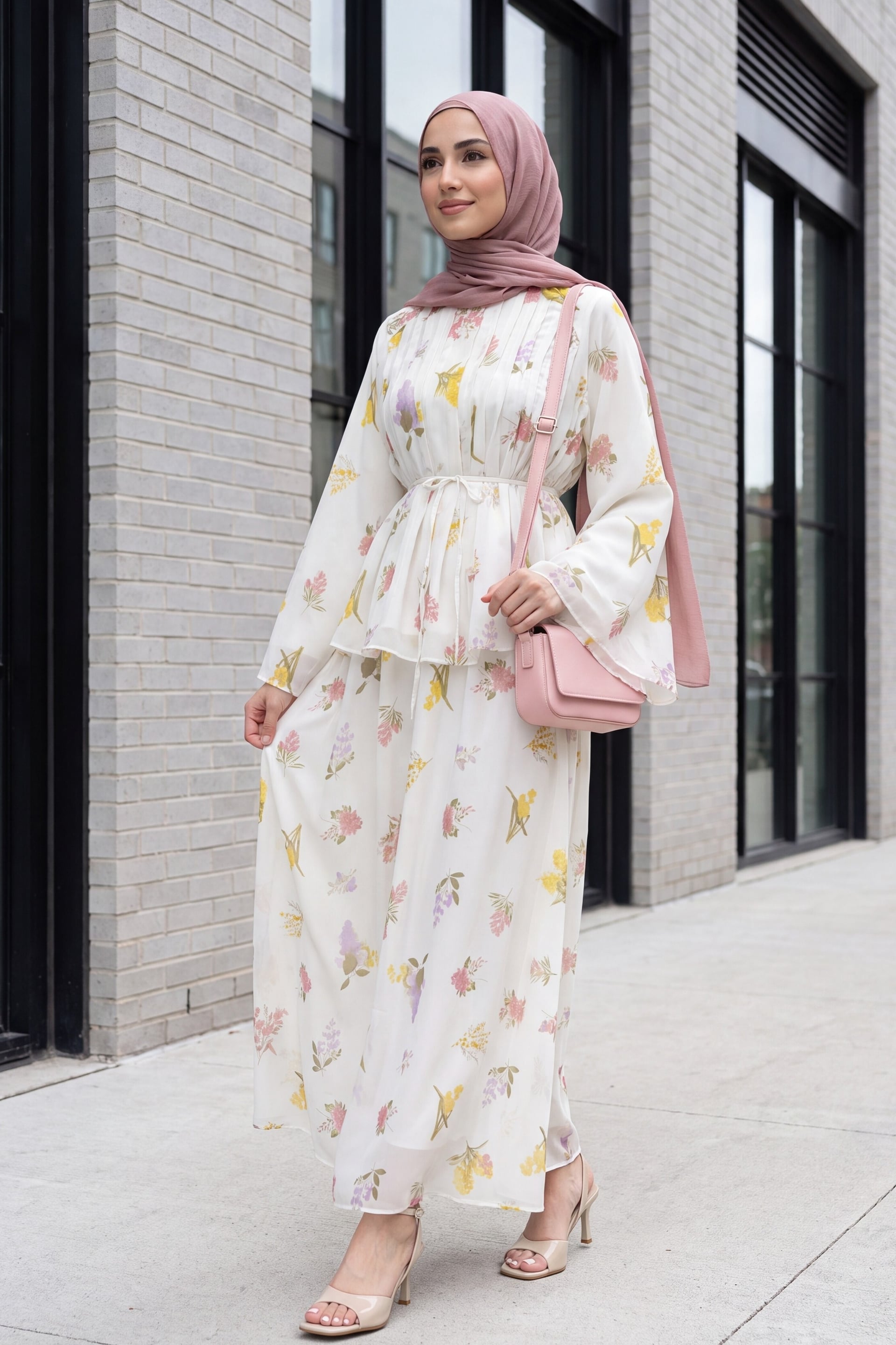 Ecru Floral Print Lined Tie Belt Chiffon Two-Piece Set with Skirt - Podyumplus - by Peralane - photo 6