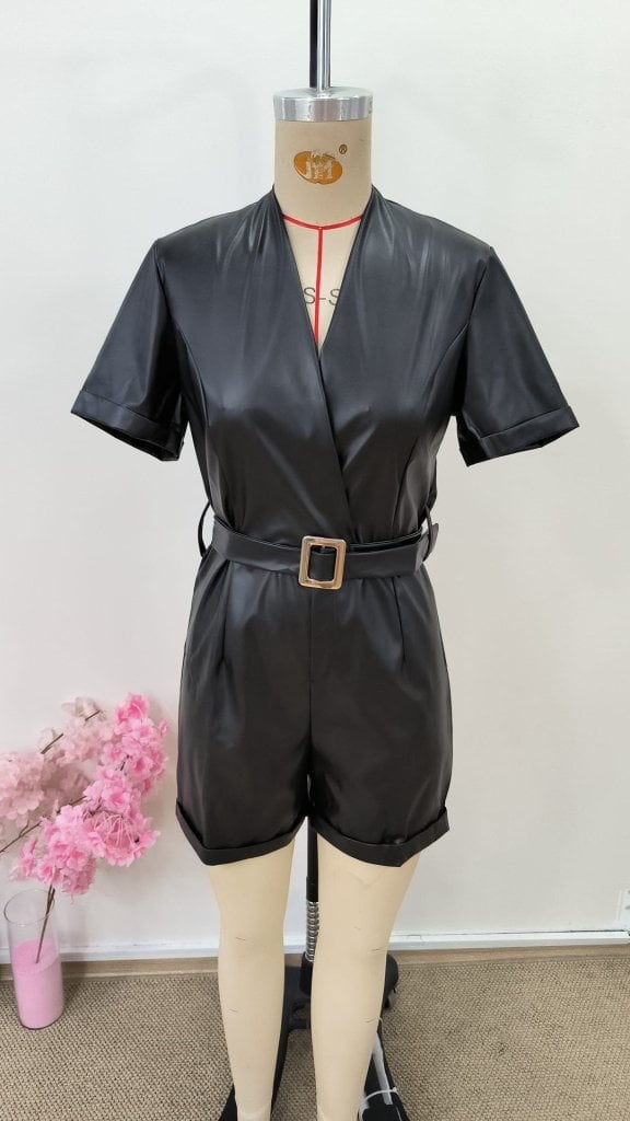 Women's Short-Sleeve Faux Leather Romper with Belted Waist and Cuffed Shorts - Janes - by Peralane - photo 4