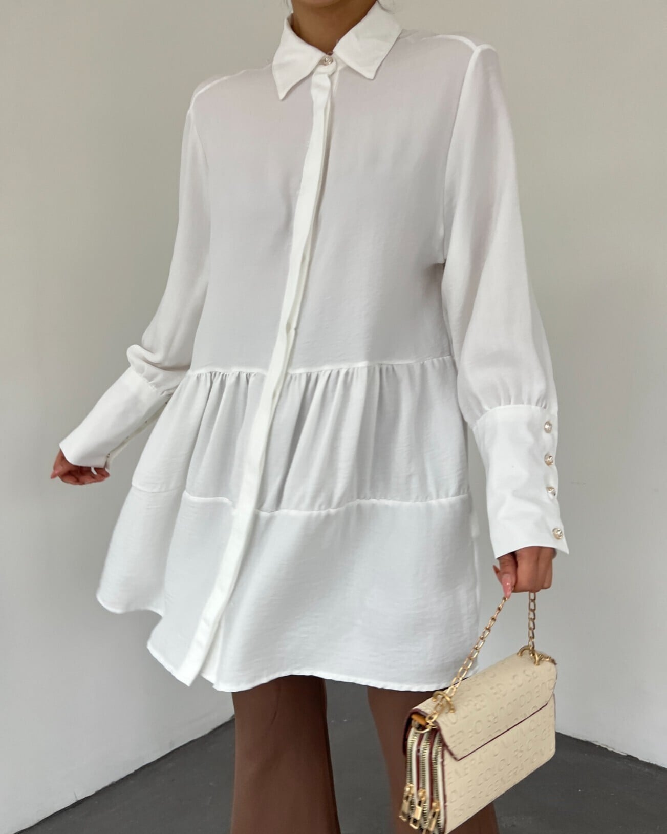 Ecru Linen Look Button-Front Layered Tunic with Stoned Cuff Buttons - Podyumplus - by Peralane - photo 5