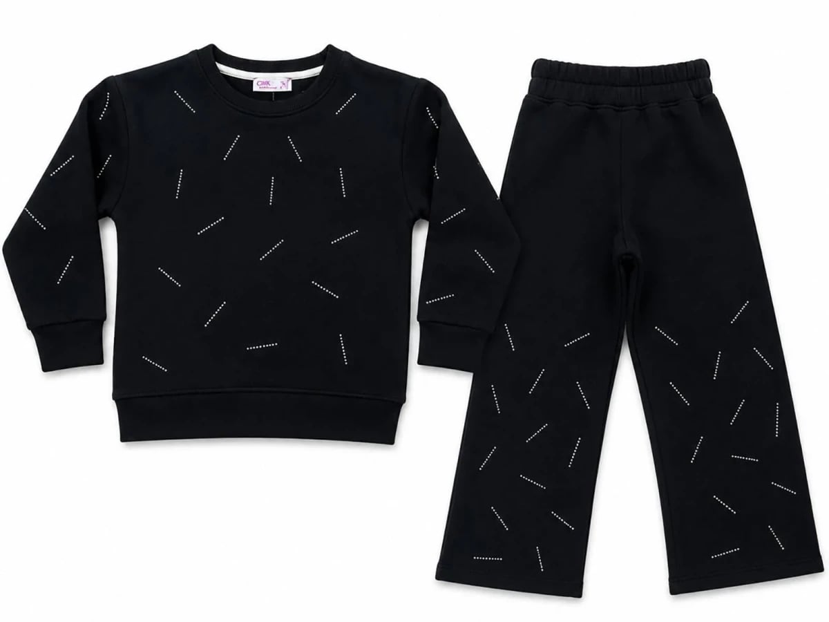 Girls' Striped Print Stone Detail 3-Thread Fleece Suit - Black - CMK - by Peralane