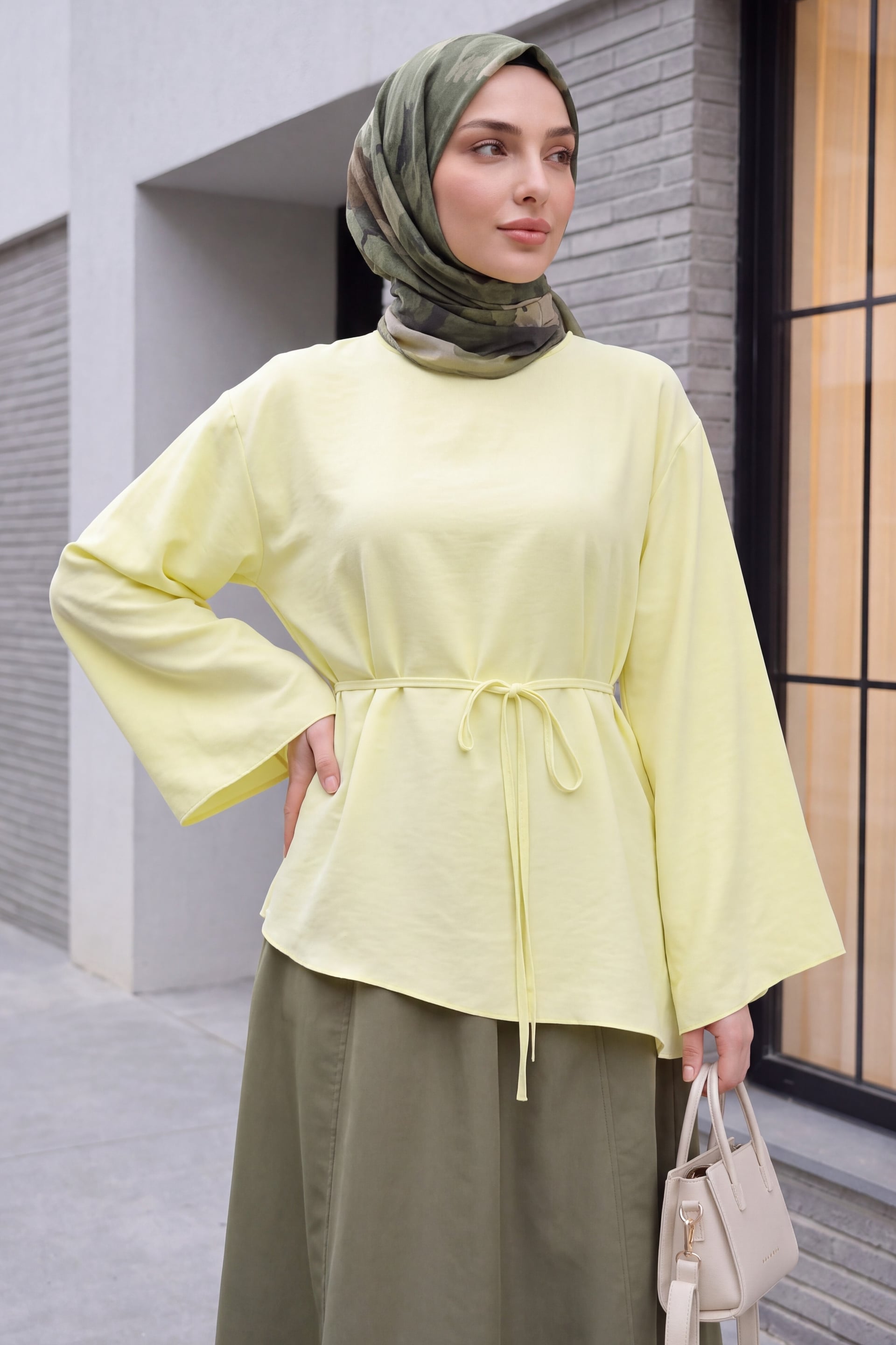 Asymmetric Cut Tie-Waist Oversize Modal Tunic - Pale Yellow - Podyumplus - by Peralane - photo 2