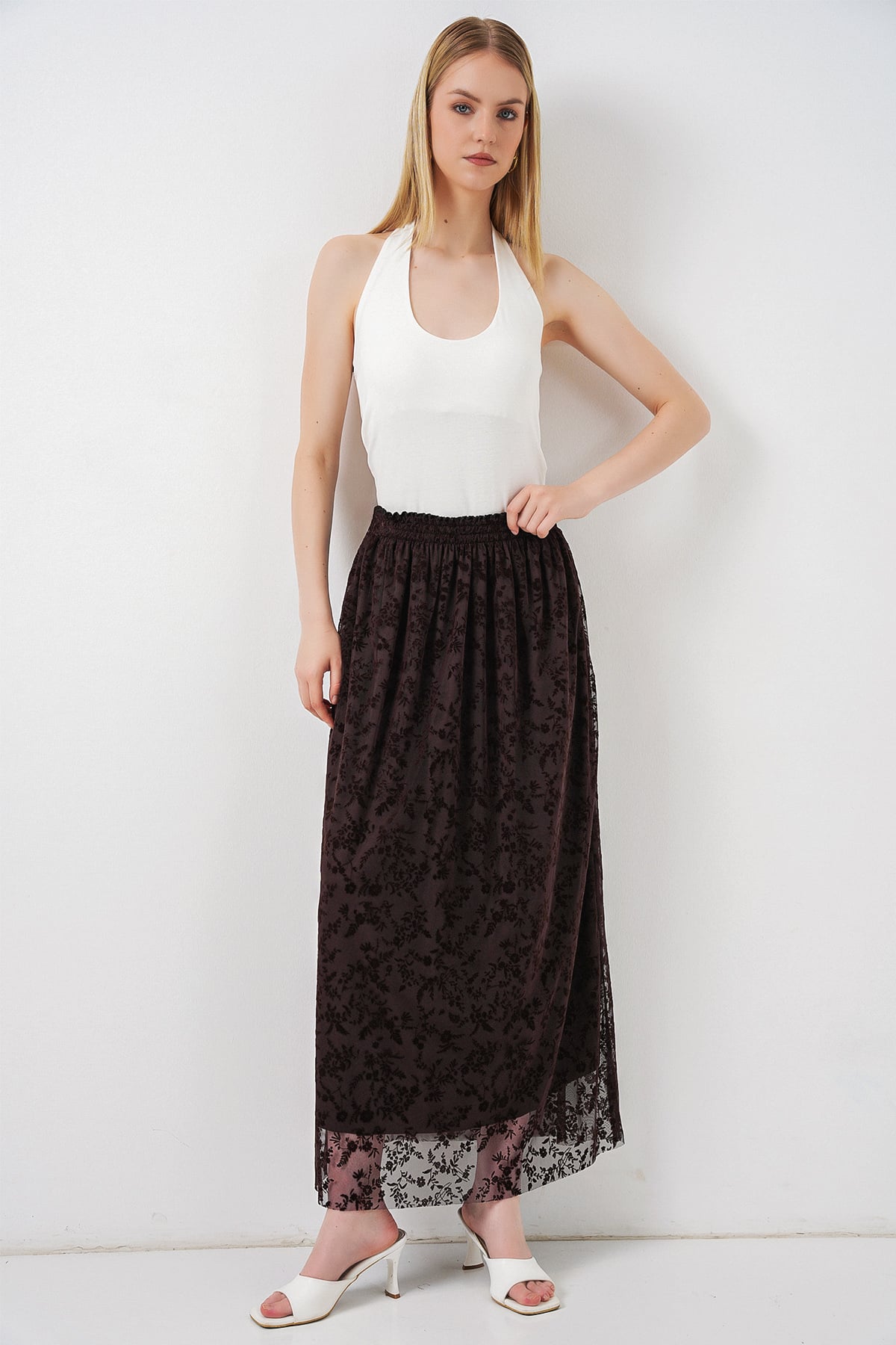 Women's Dark Brown Floral Burnout Long Skirt with Lining - Bigdart - by Peralane - photo 5
