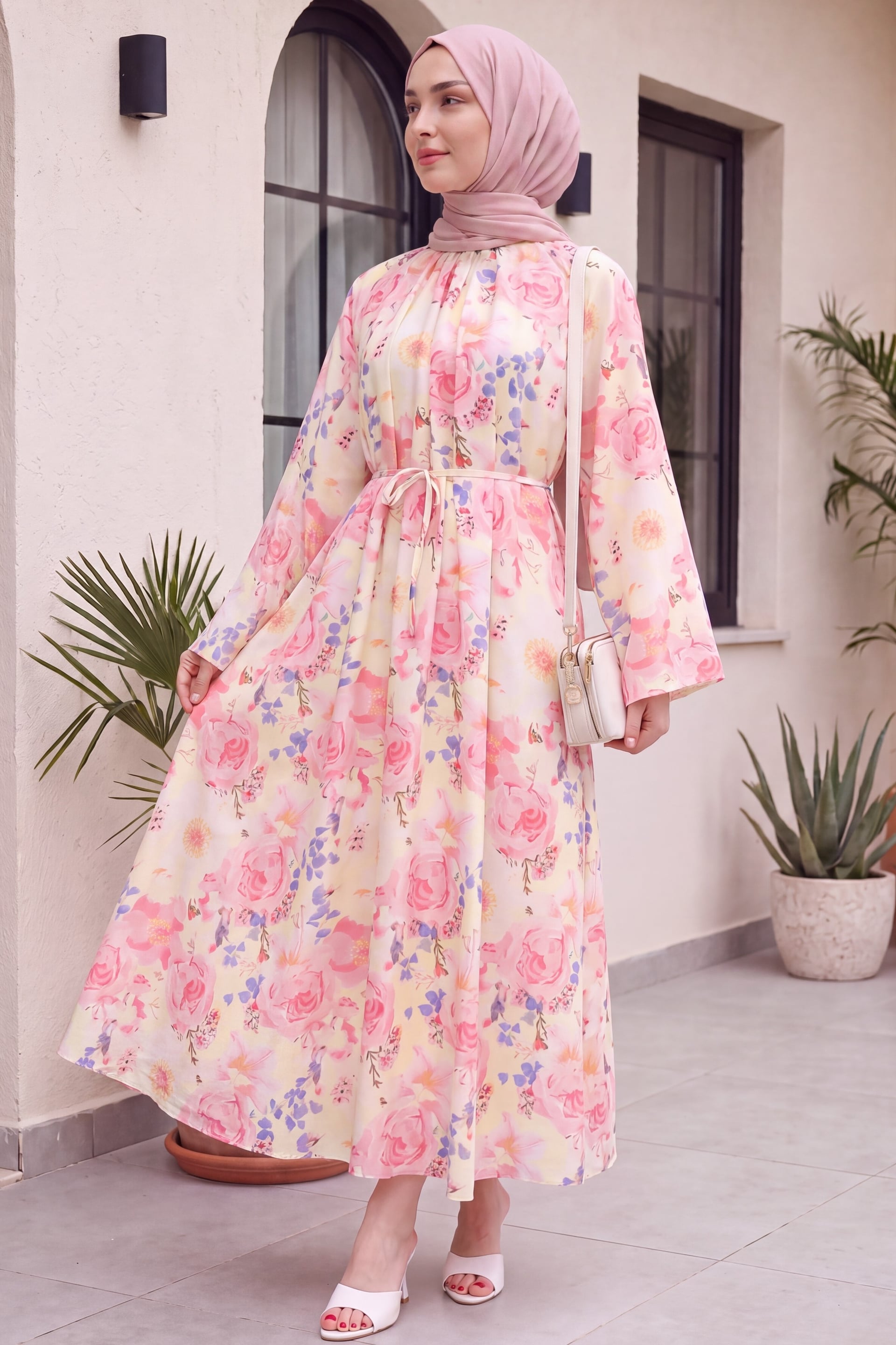Mandarin Collar Belted Patterned Polyviscose Dress - Pink - Podyumplus - by Peralane