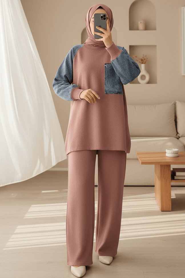 Zip Pocket Knit Lounge Set - Dusty Rose - Podyumplus - by Peralane