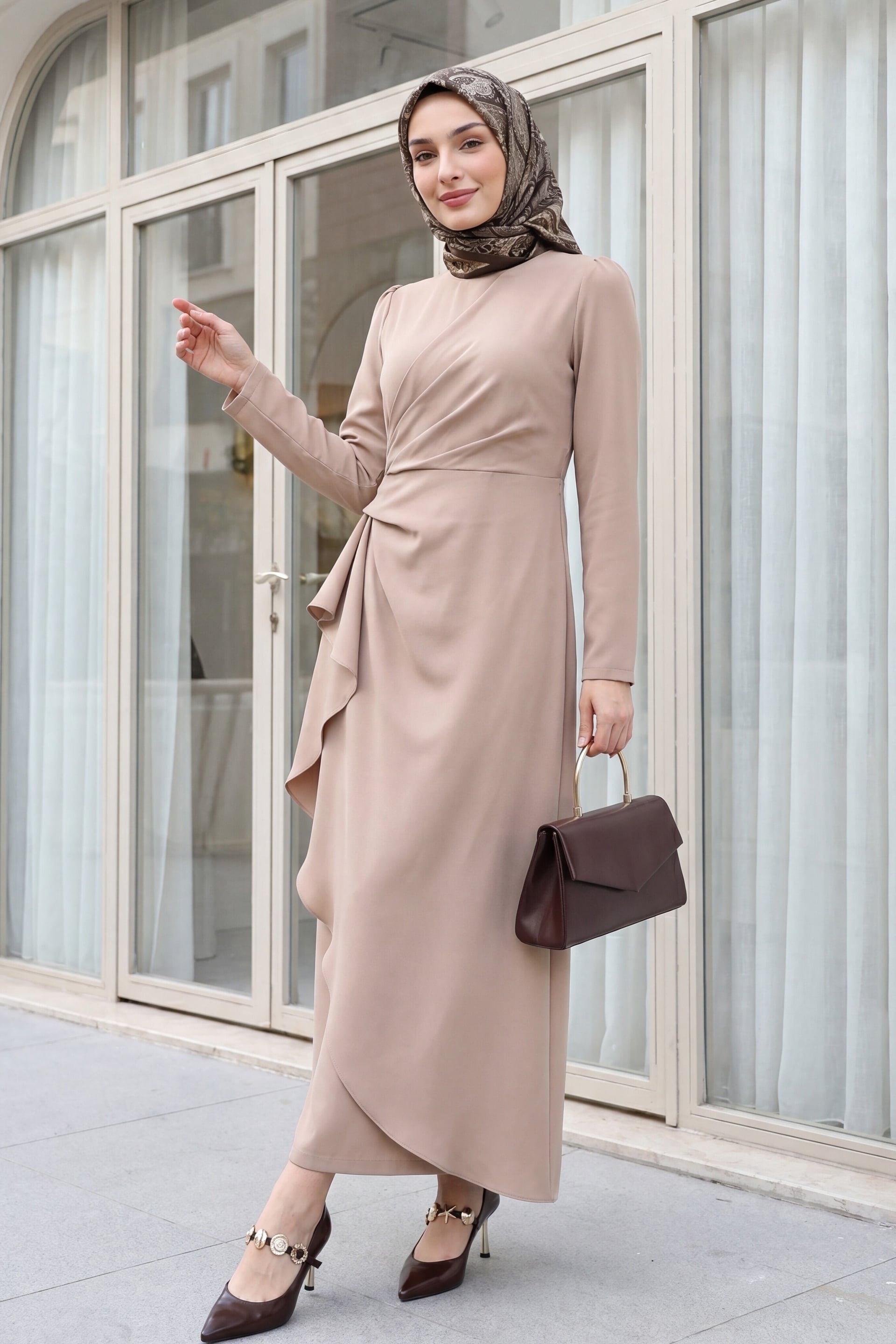 Beige Asymmetric Wrap Crepe Dress with Long Sleeves - Podyumplus - by Peralane - photo 2