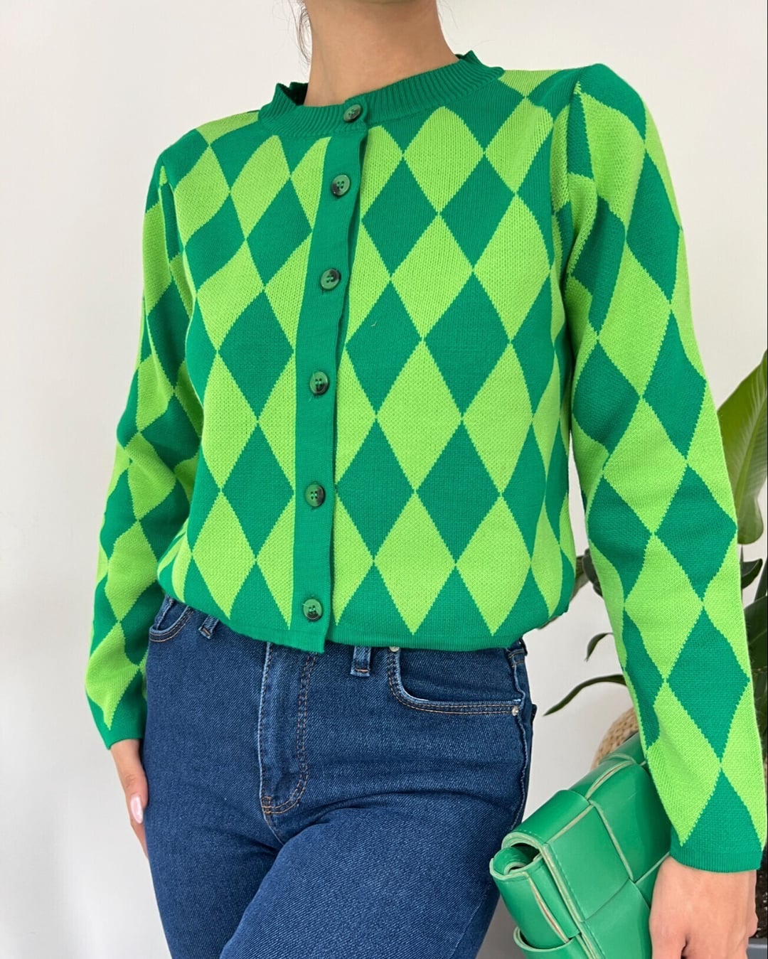 Green Diamond Pattern Button-Front Knit Cardigan - Podyumplus - by Peralane - photo 2
