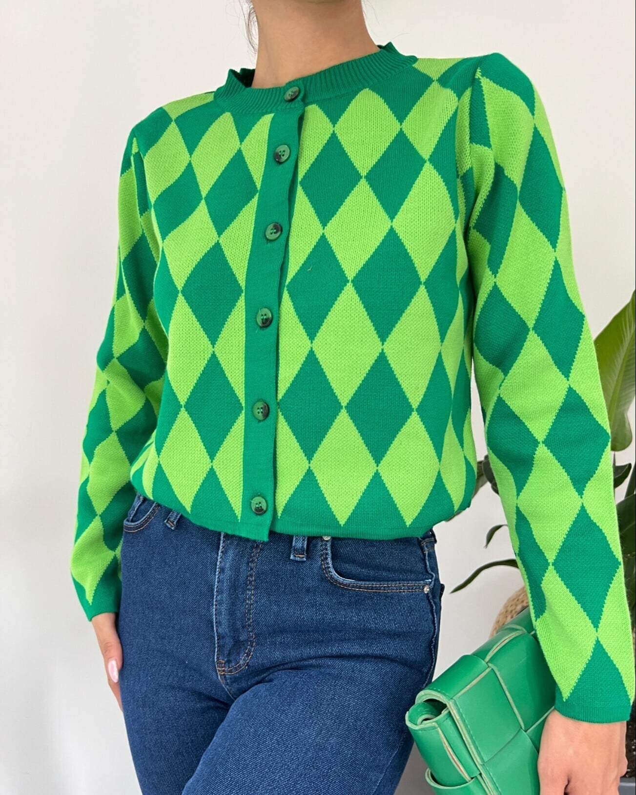 Green Diamond Pattern Button-Front Knit Cardigan - Podyumplus - by Peralane - photo 2