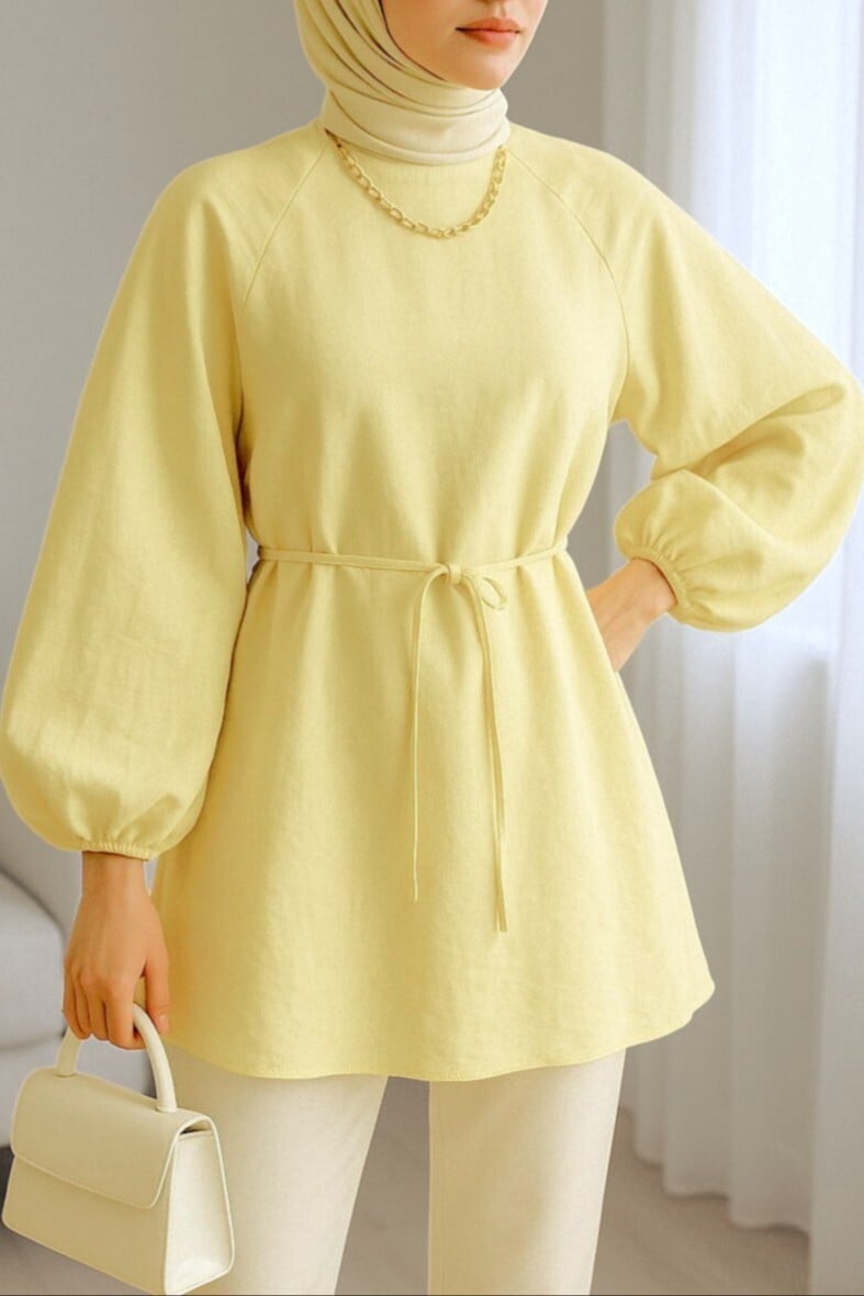 Round Neck Tie Waist Balloon Sleeve Tunic - Pale Yellow - Podyumplus - by Peralane - photo 3