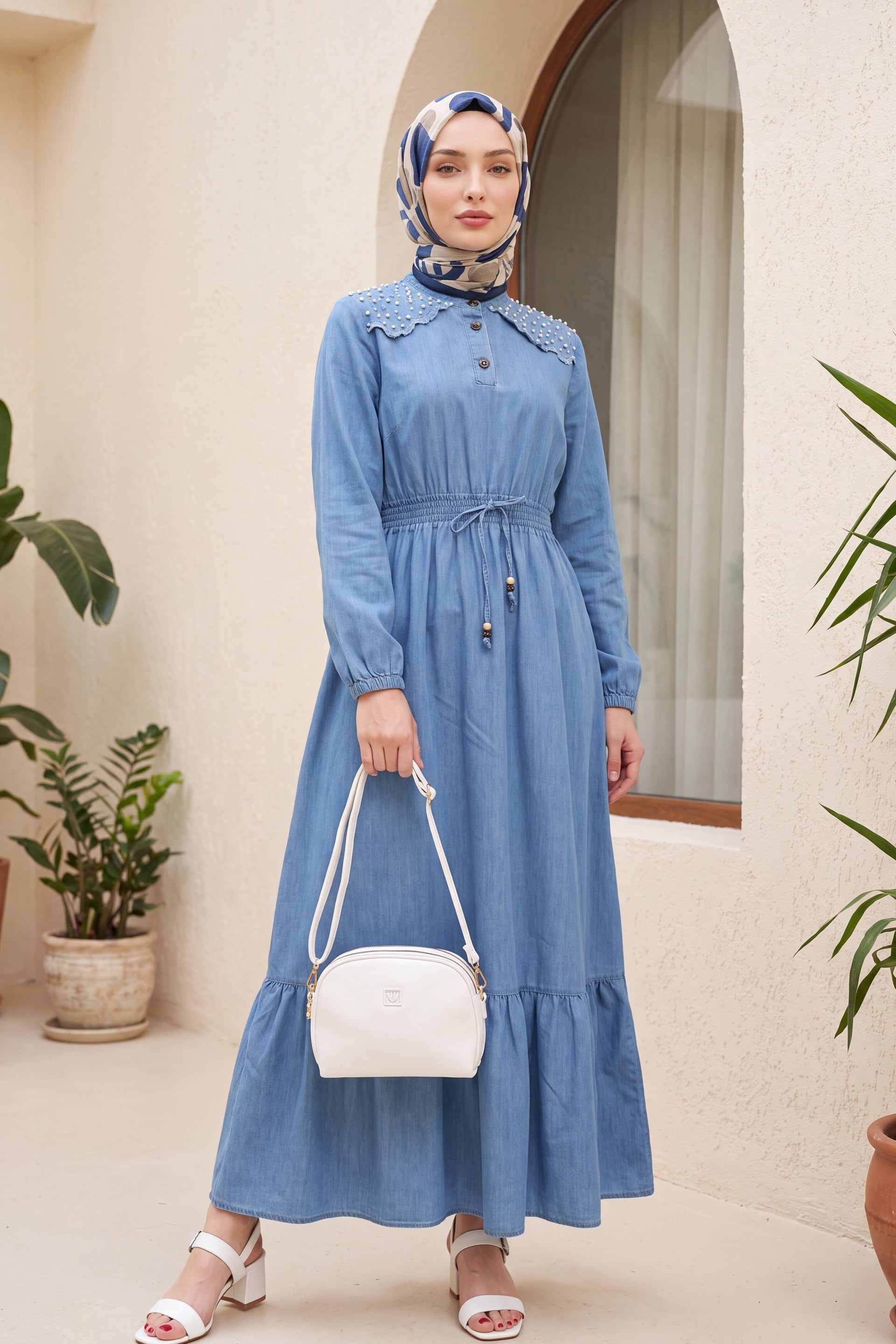 Long Denim Dress with Pearl Shoulder and Elastic Waist - Ice Blue - Podyumplus - by Peralane - photo 11