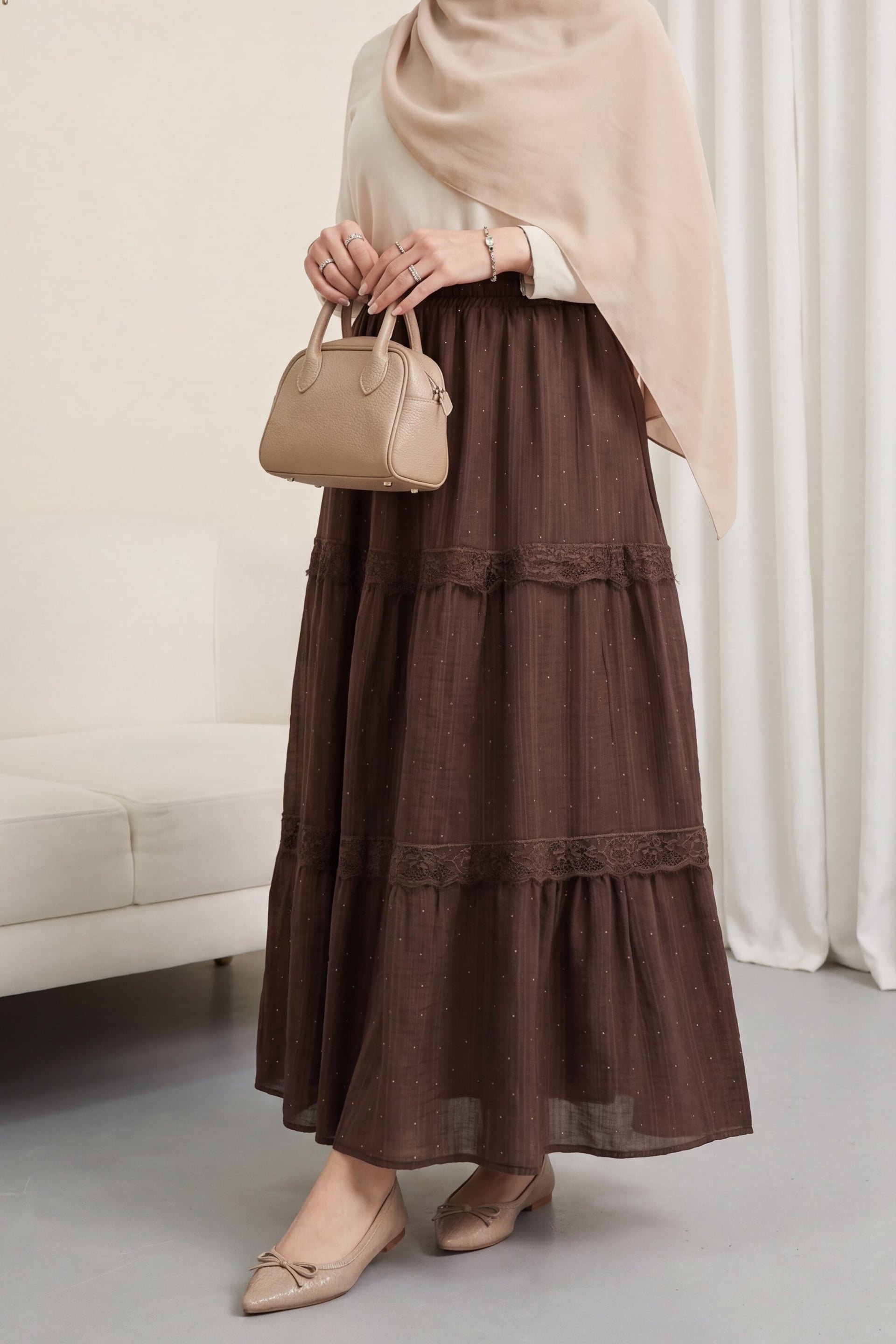 Women's Elastic Waist Lined Stone and Lace Detail Voile Skirt - Brown - Podyumplus - by Peralane