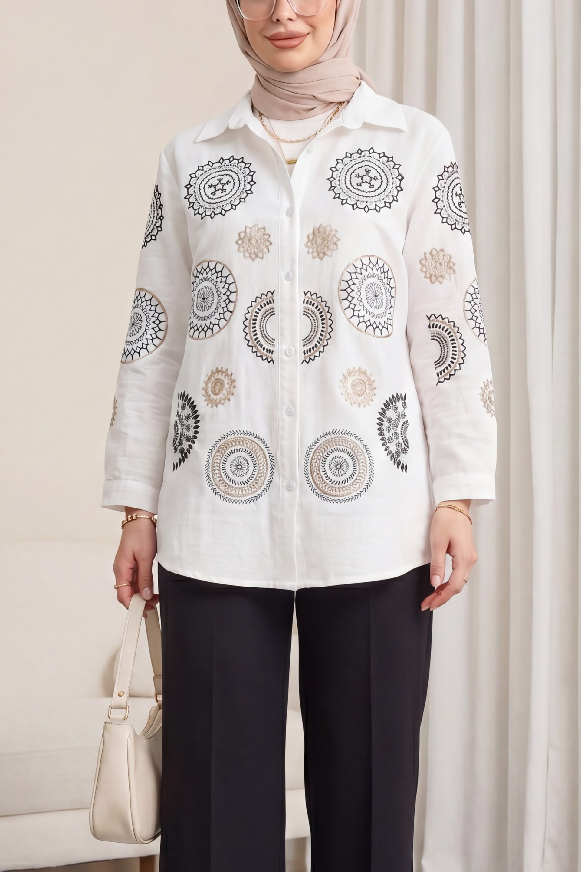 Embroidered Button-Front Linen Look Blouse - White - Podyumplus - by Peralane